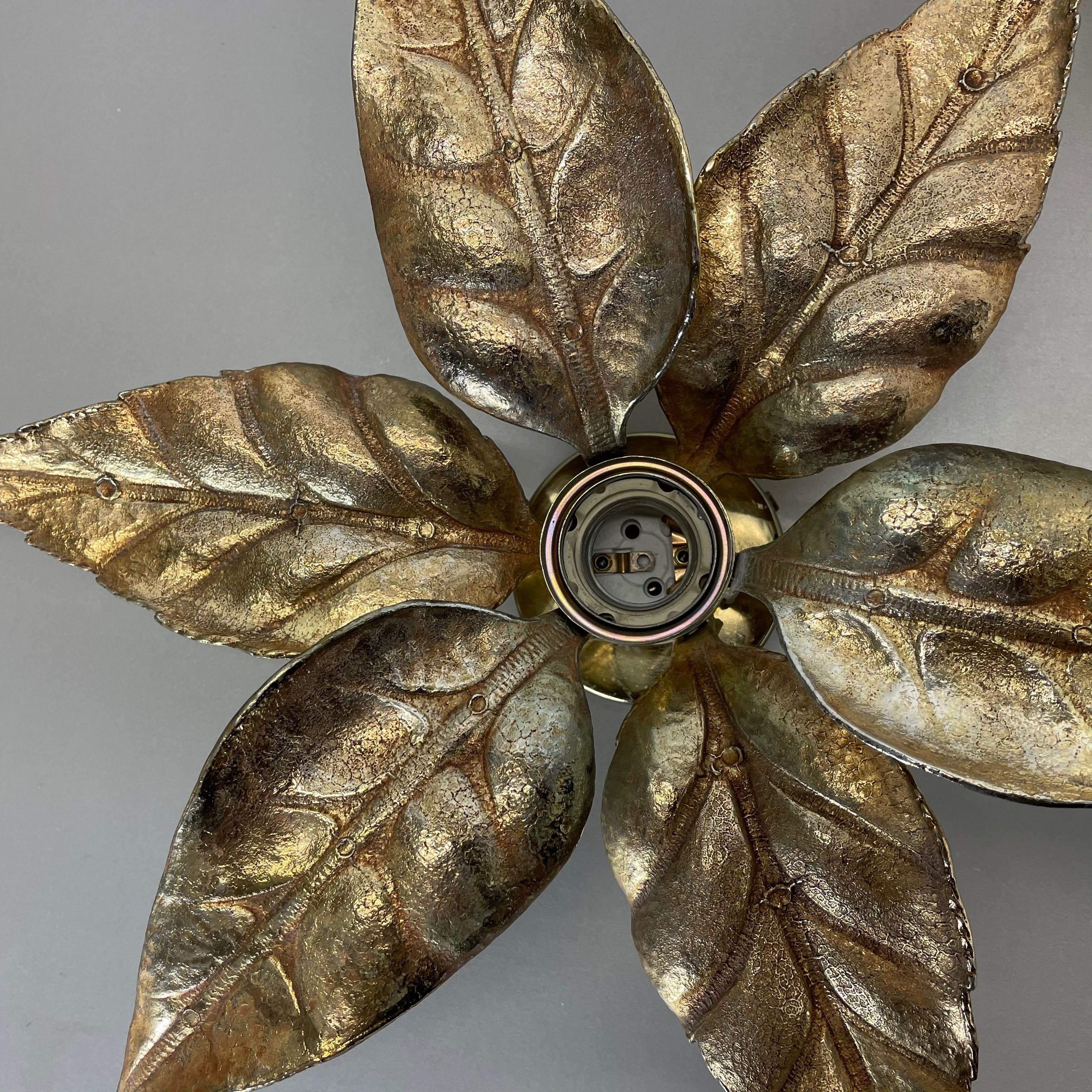 20th Century Set of 2 Floral Brutalist Brass Metal Wall Ceiling Light by Willy Daro, Belgium