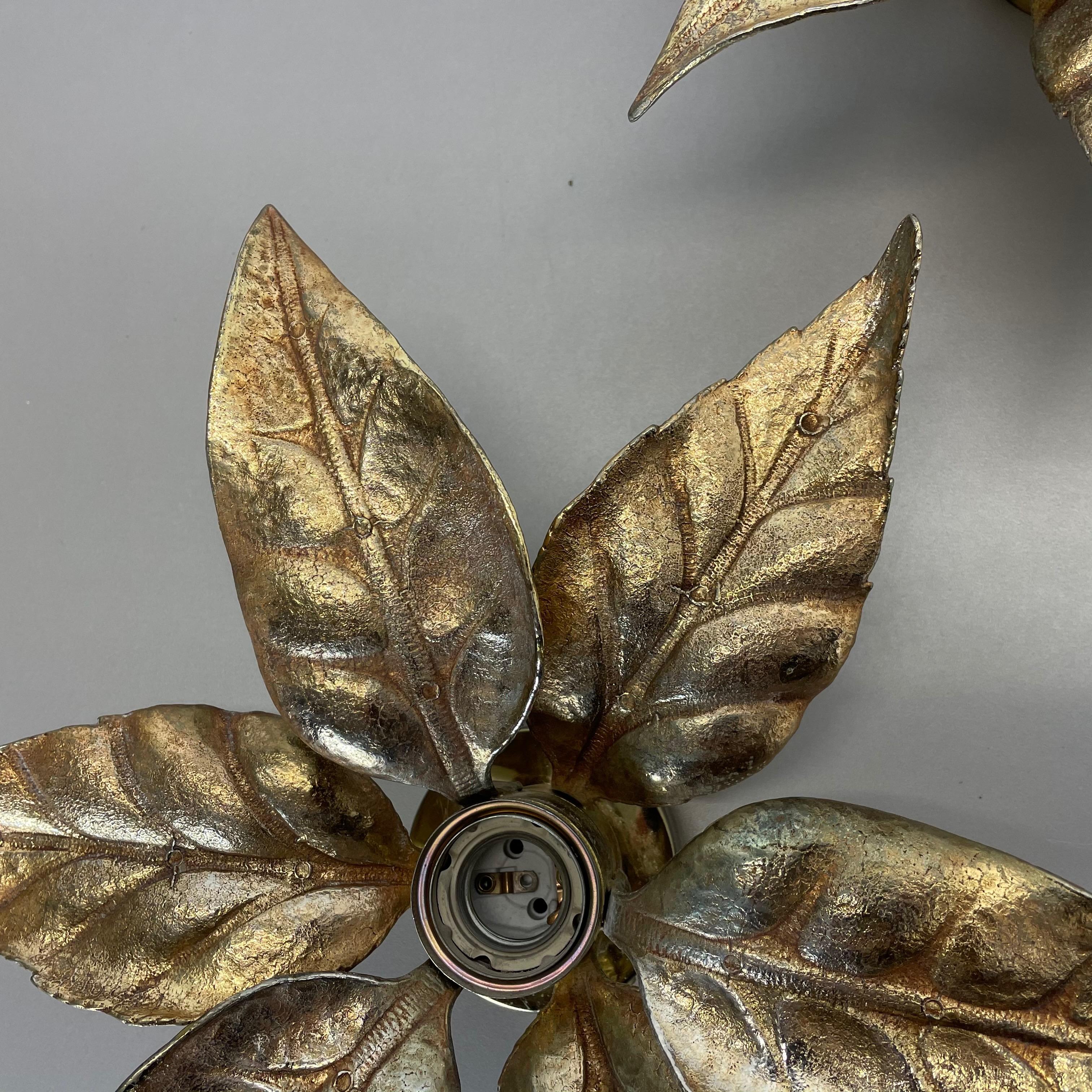 Set of 2 Floral Brutalist Brass Metal Wall Ceiling Light by Willy Daro, Belgium 1