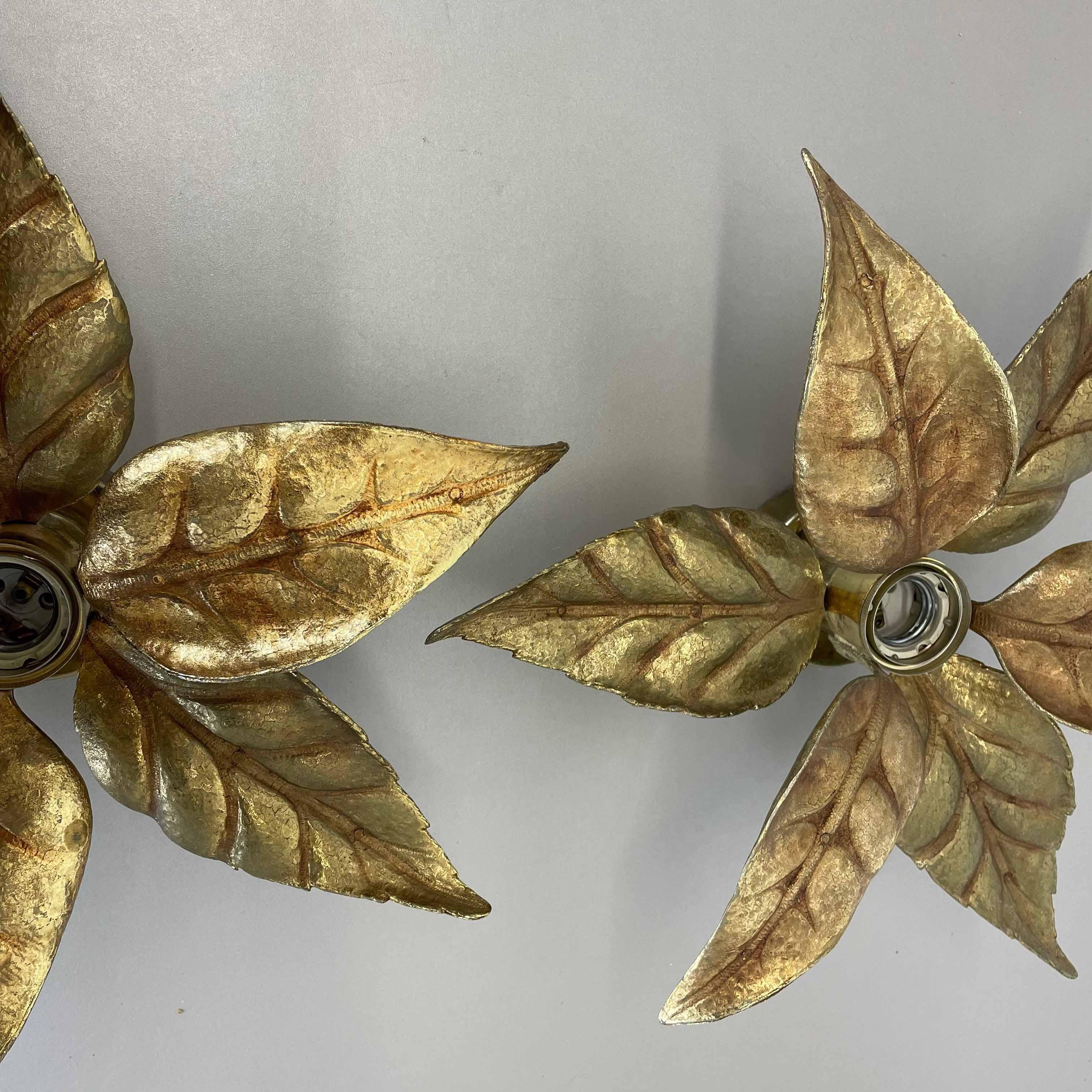 Set of 2 Floral Brutalist Brass Metal Wall Ceiling Light by Willy Daro, Belgium 1