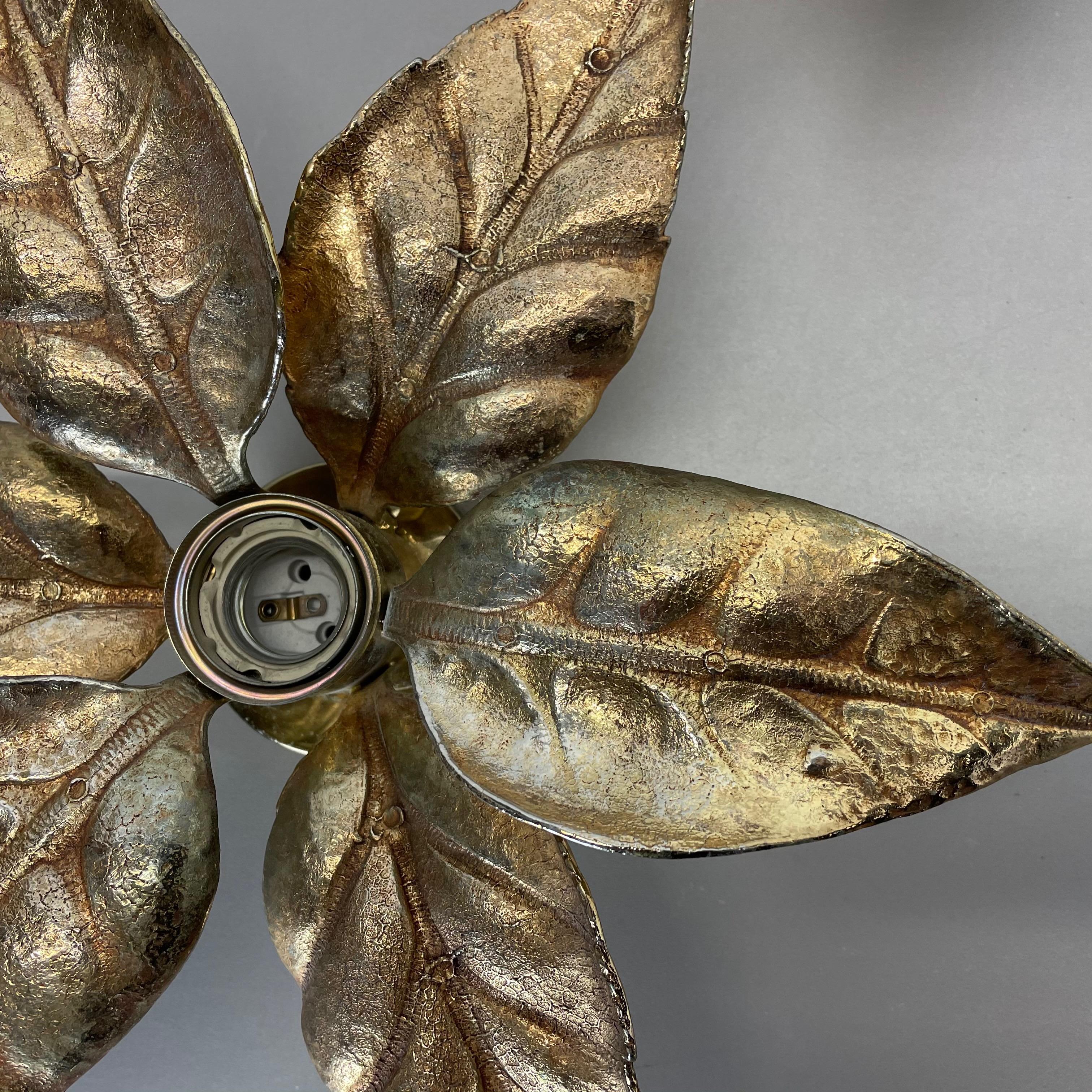 Set of 2 Floral Brutalist Brass Metal Wall Ceiling Light by Willy Daro, Belgium 2
