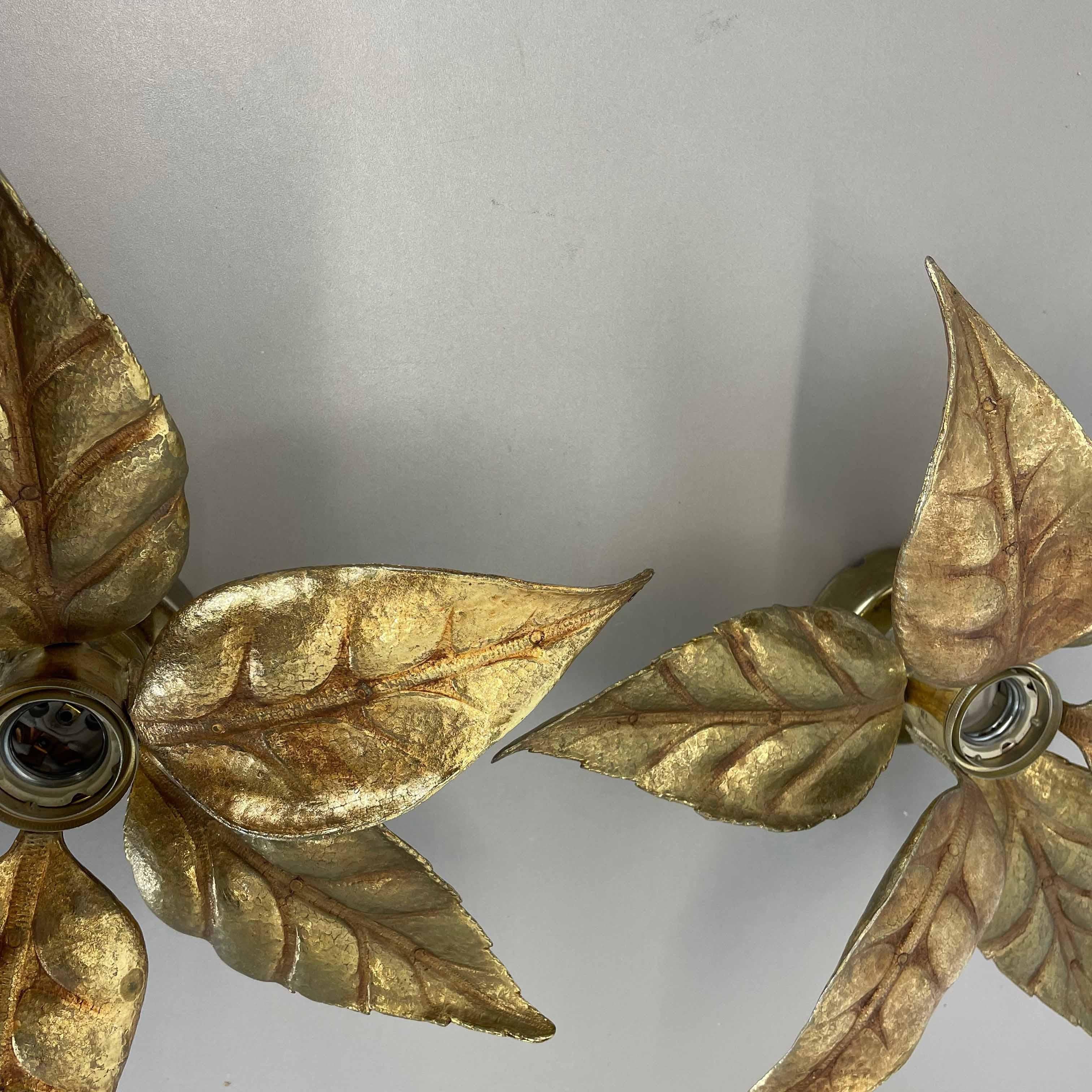 Set of 2 Floral Brutalist Brass Metal Wall Ceiling Light by Willy Daro, Belgium 2