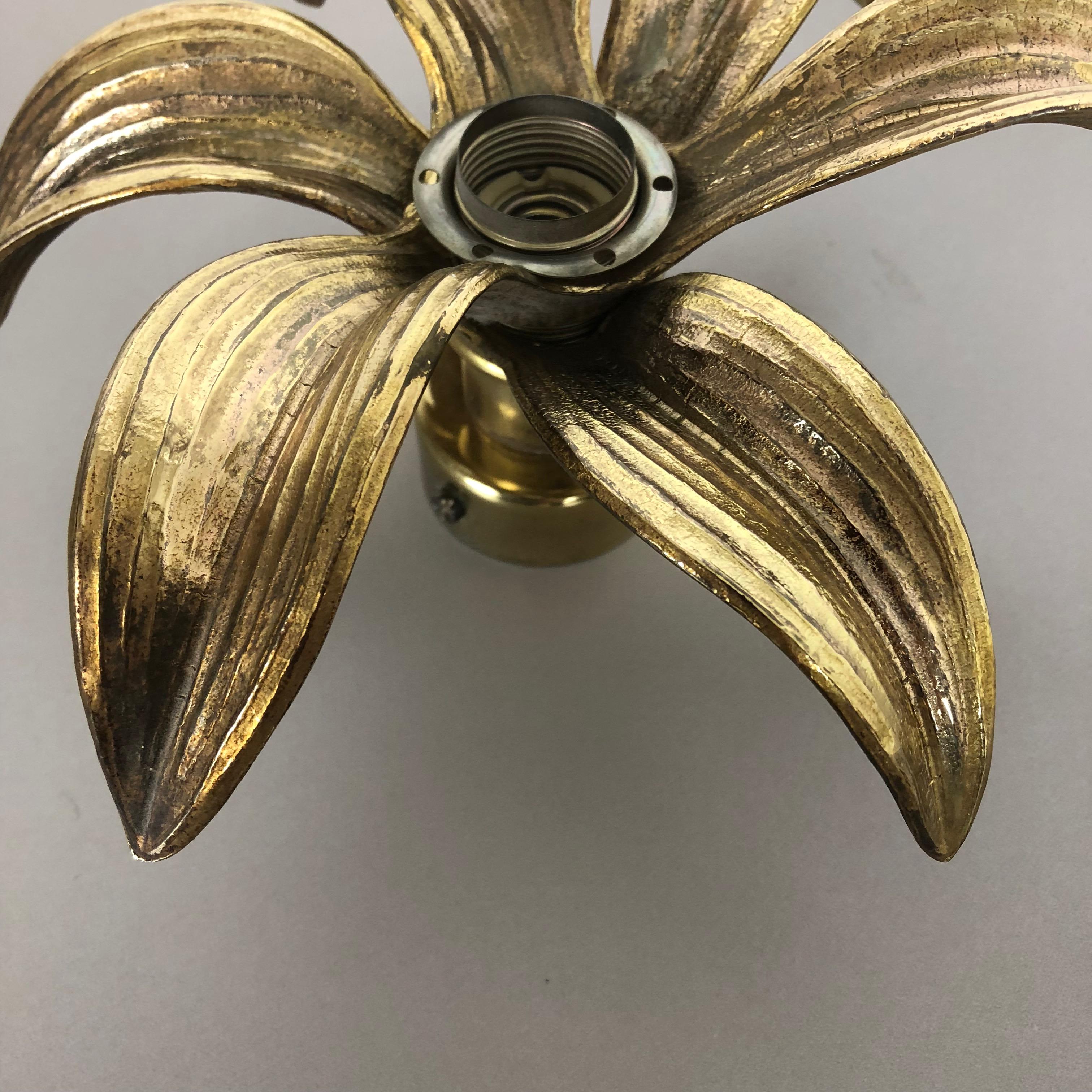 Set of 2 Floral Brutalist Brass Metal Wall Ceiling Light by Willy Daro, Belgium 3