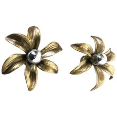 Set of 2 Floral Brutalist Brass Metal Wall Ceiling Light by Willy Daro, Belgium