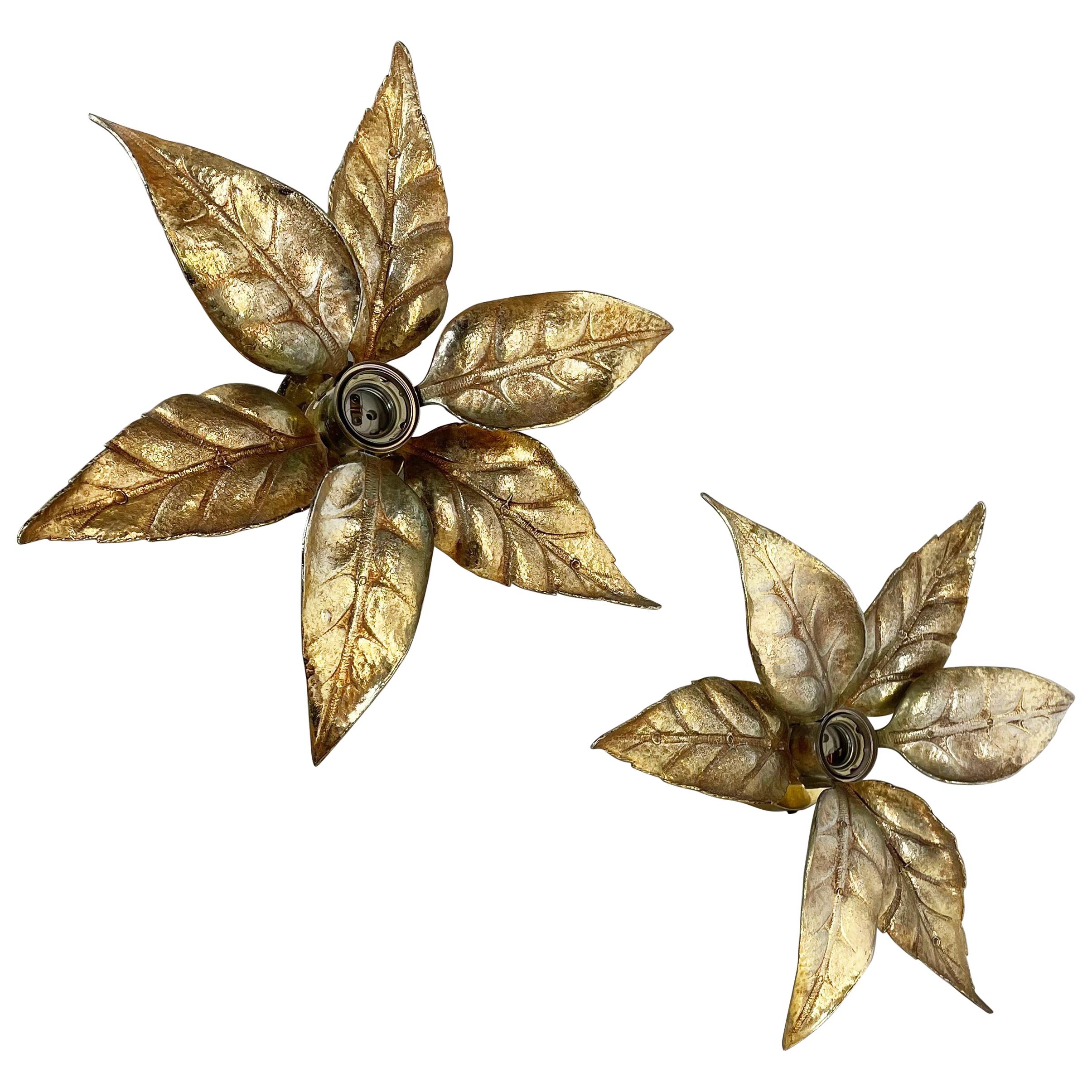 Set of 2 Floral Brutalist Brass Metal Wall Ceiling Light by Willy Daro, Belgium