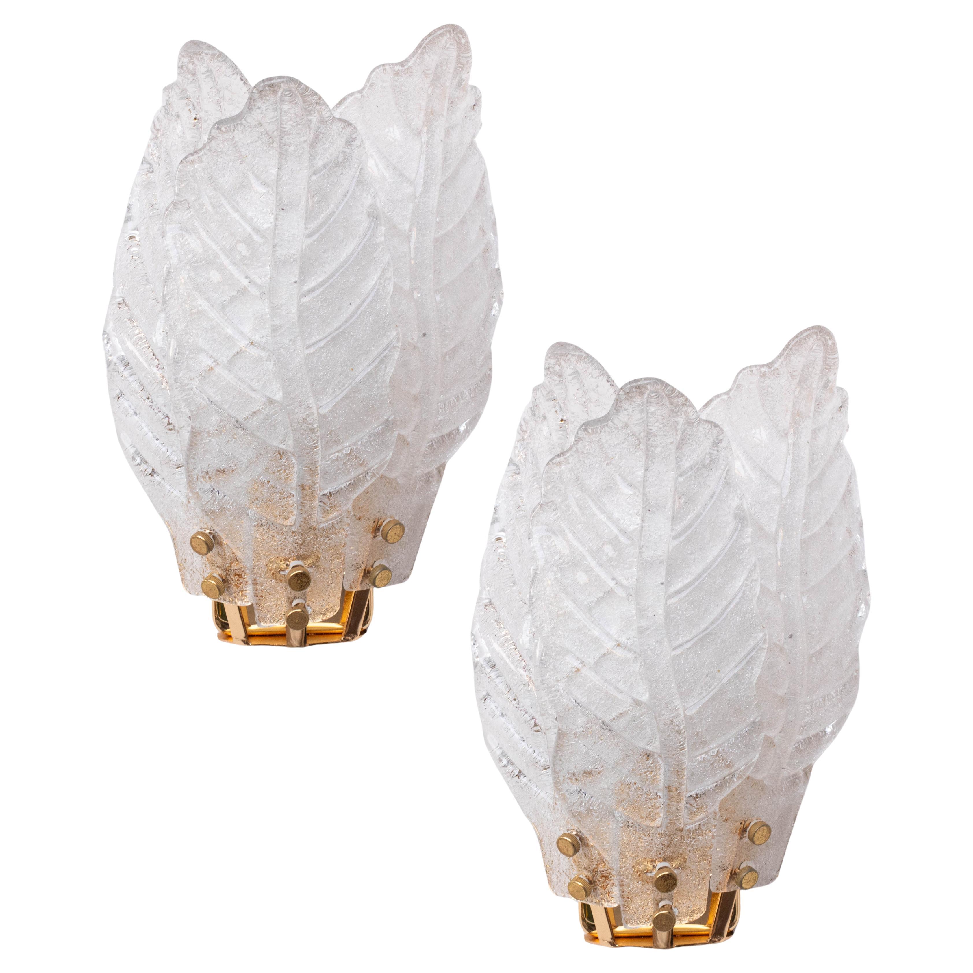 2er-Set Florenz, Elegante Murano Wandleuchte Transparente Blätter, 1970 im Angebot