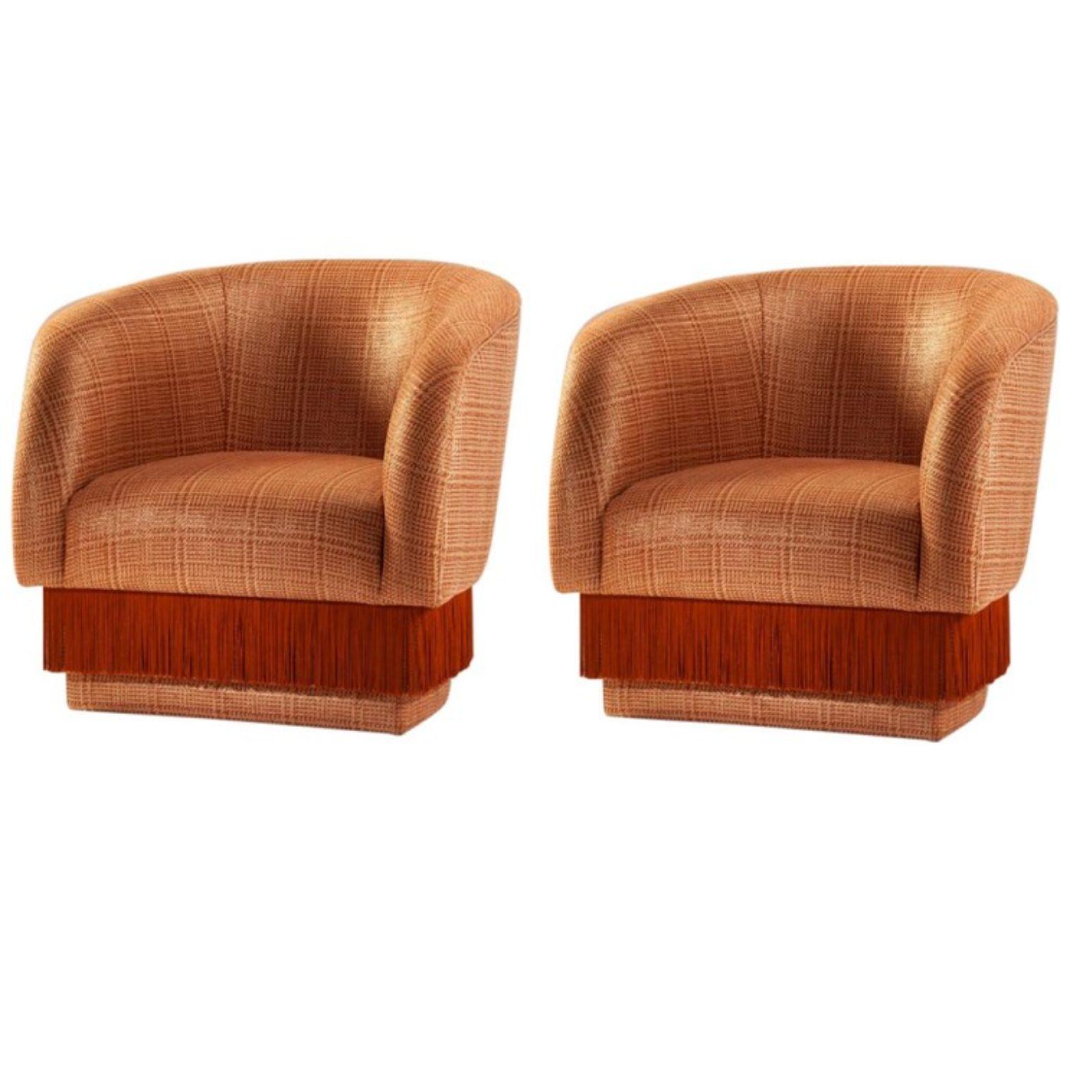 Set of 2 Folie Armchairs by Dooq
Measures: W 82 cm 32”
D 70 cm 28”
H 75 cm 30”
Seat height 42 cm 17”

Materials: upholstery and piping fabric or leather, fringes.

Dooq is a design company dedicated to celebrate the luxury of living. Creating
