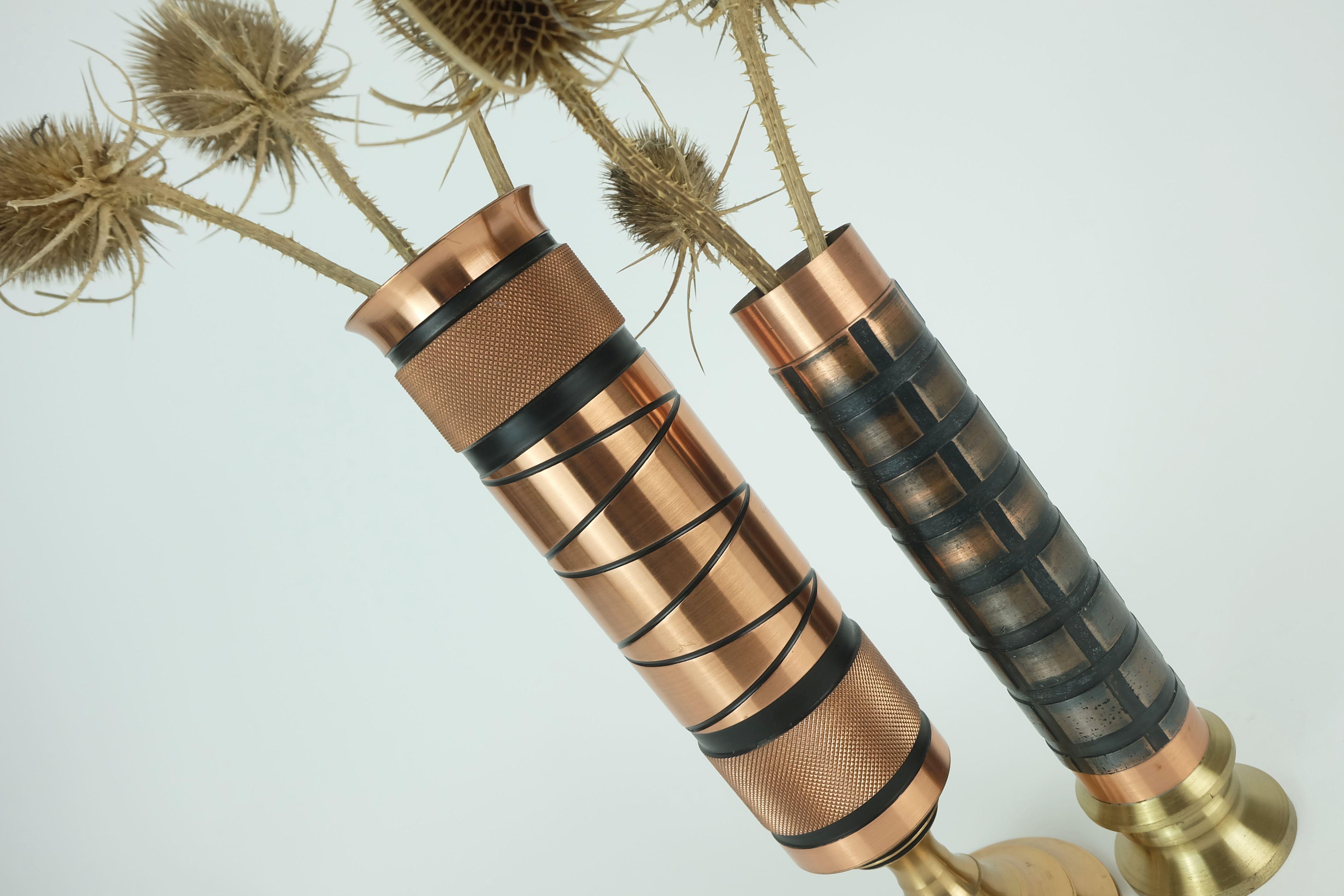 set of 2 footed copper brass VASES brutalist minimalist design 1960s For Sale 3