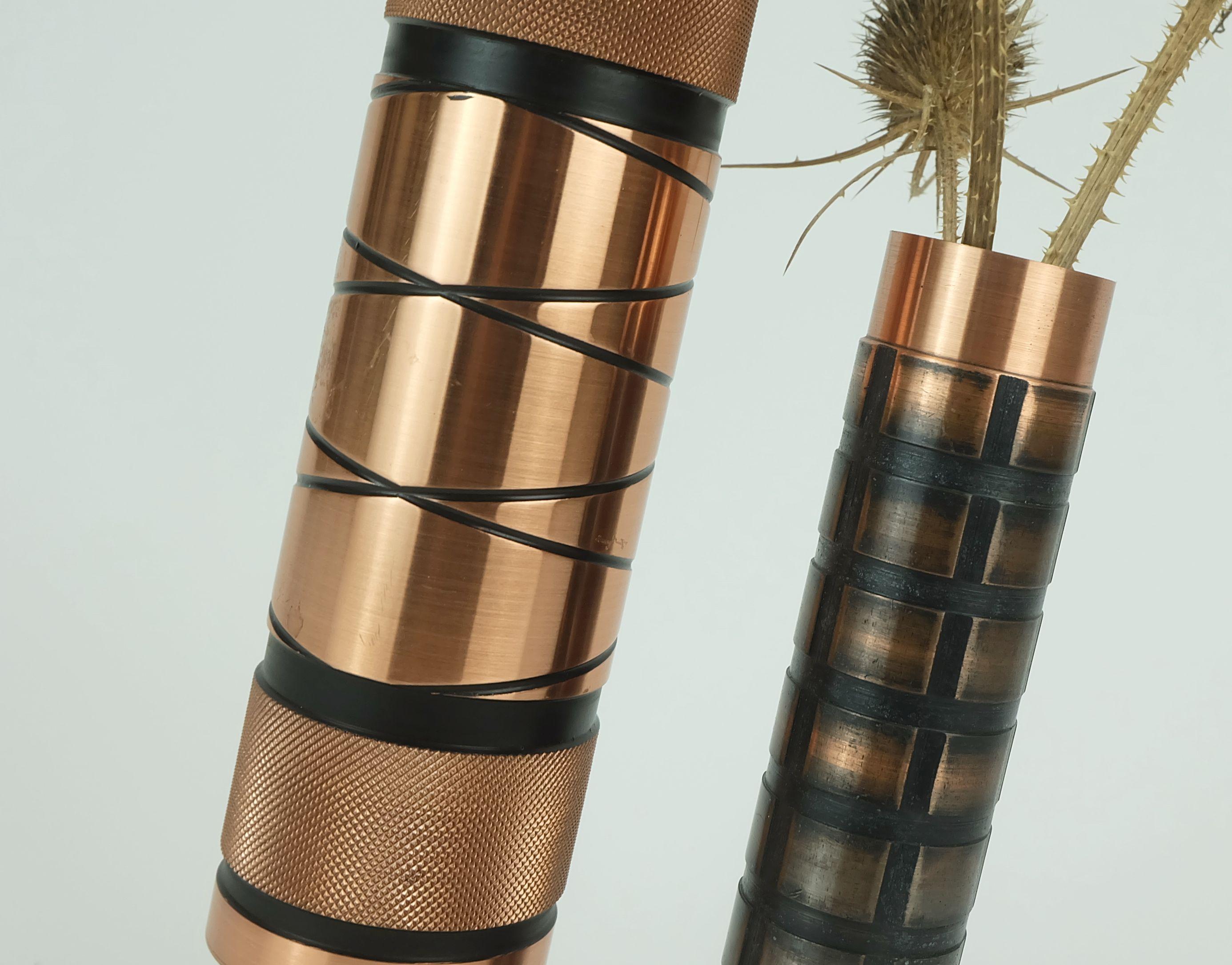 set of 2 footed copper brass VASES brutalist minimalist design 1960s For Sale 5