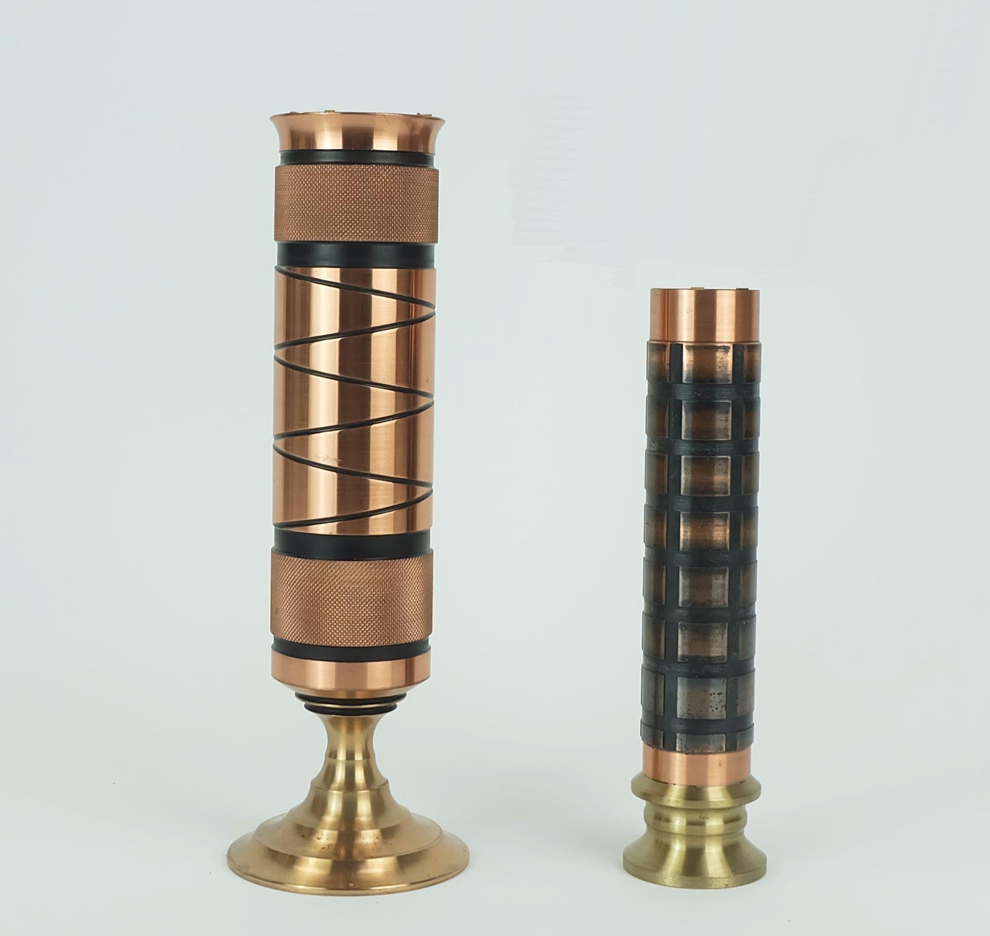 Mid-Century Modern set of 2 footed copper brass VASES brutalist minimalist design 1960s For Sale