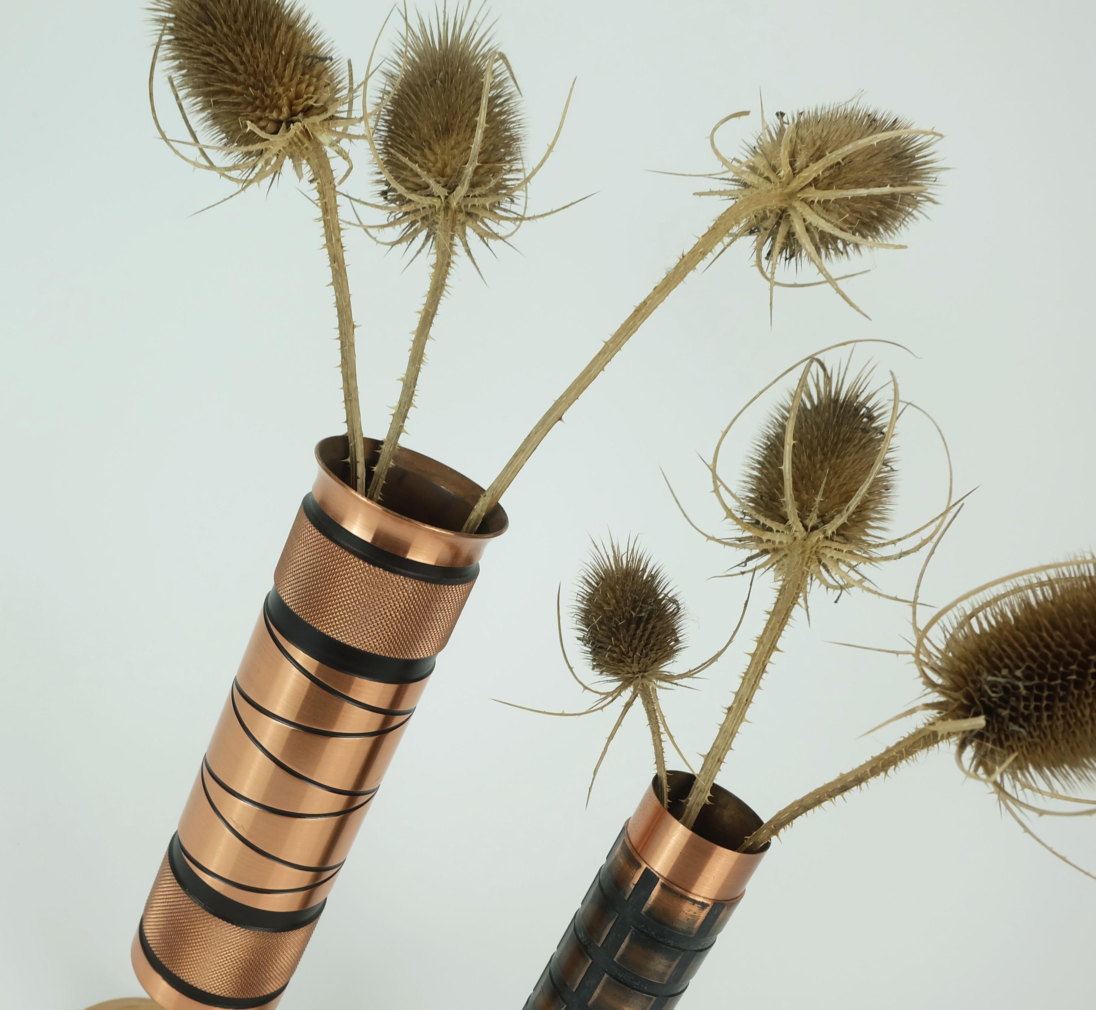 German set of 2 footed copper brass VASES brutalist minimalist design 1960s For Sale