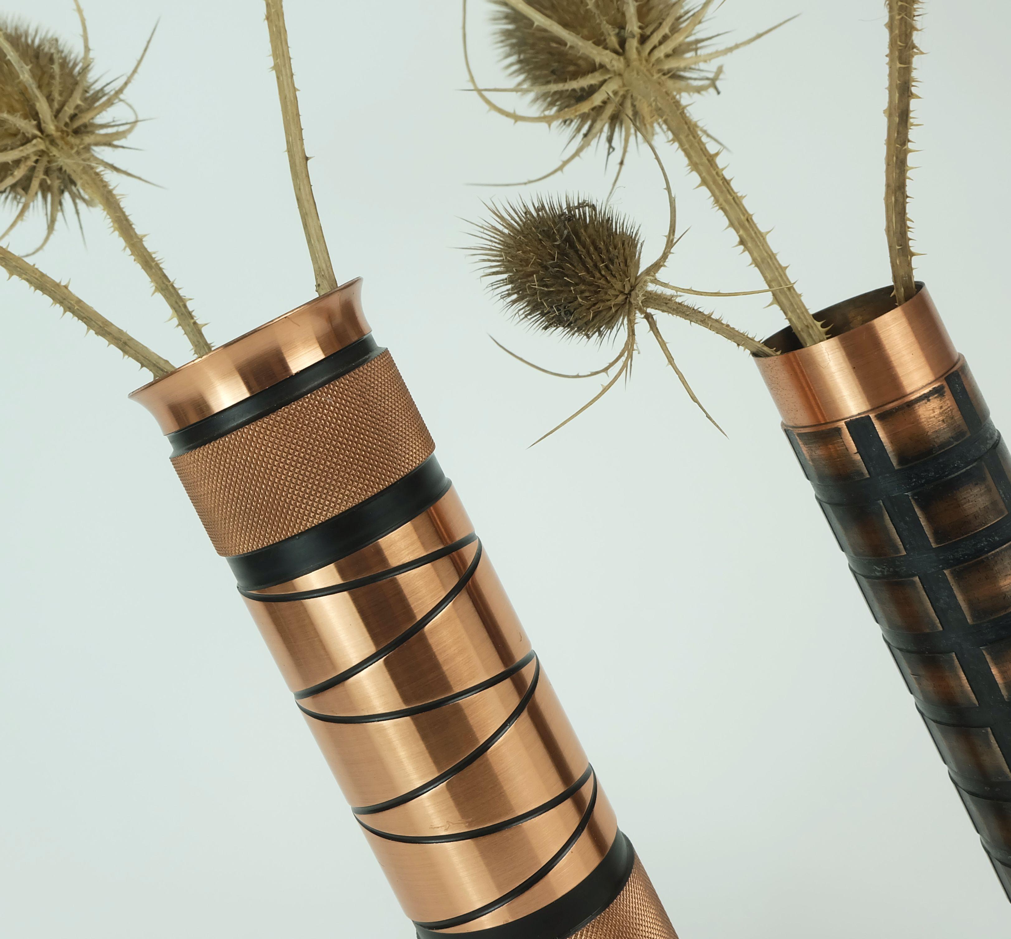 set of 2 footed copper brass VASES brutalist minimalist design 1960s For Sale 1