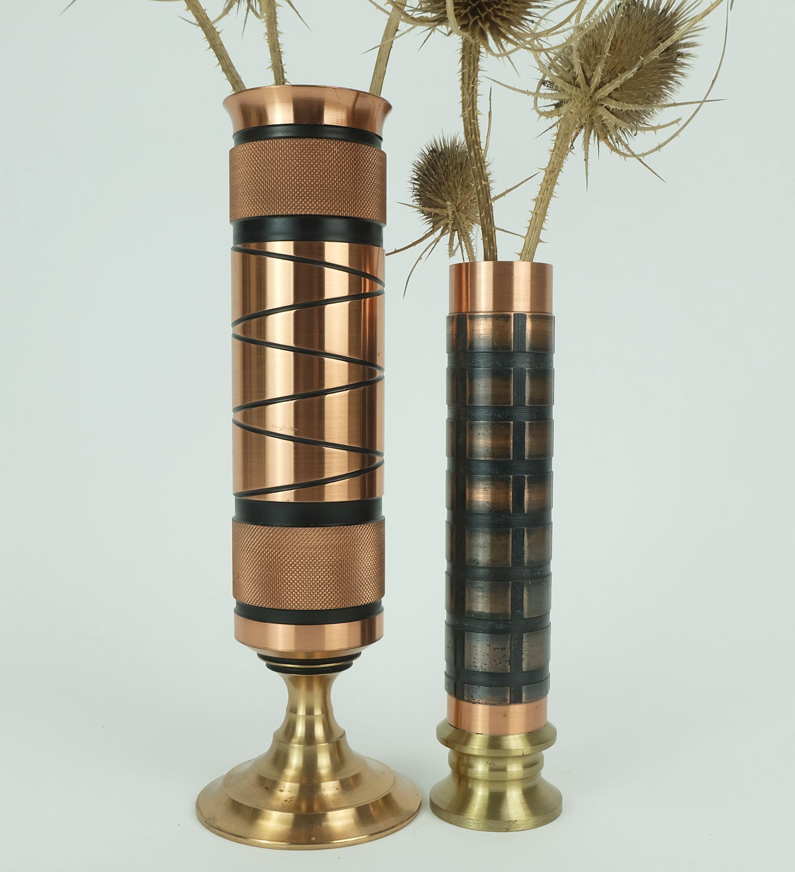set of 2 footed copper brass VASES brutalist minimalist design 1960s For Sale 2