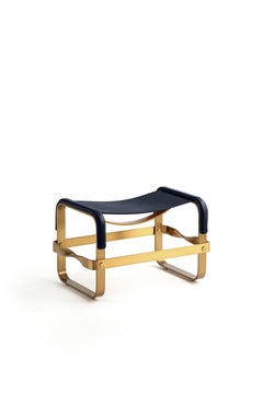 Set of 2 Footstool Aged Brass Steel & Navy Blue Leather Contemporary Style