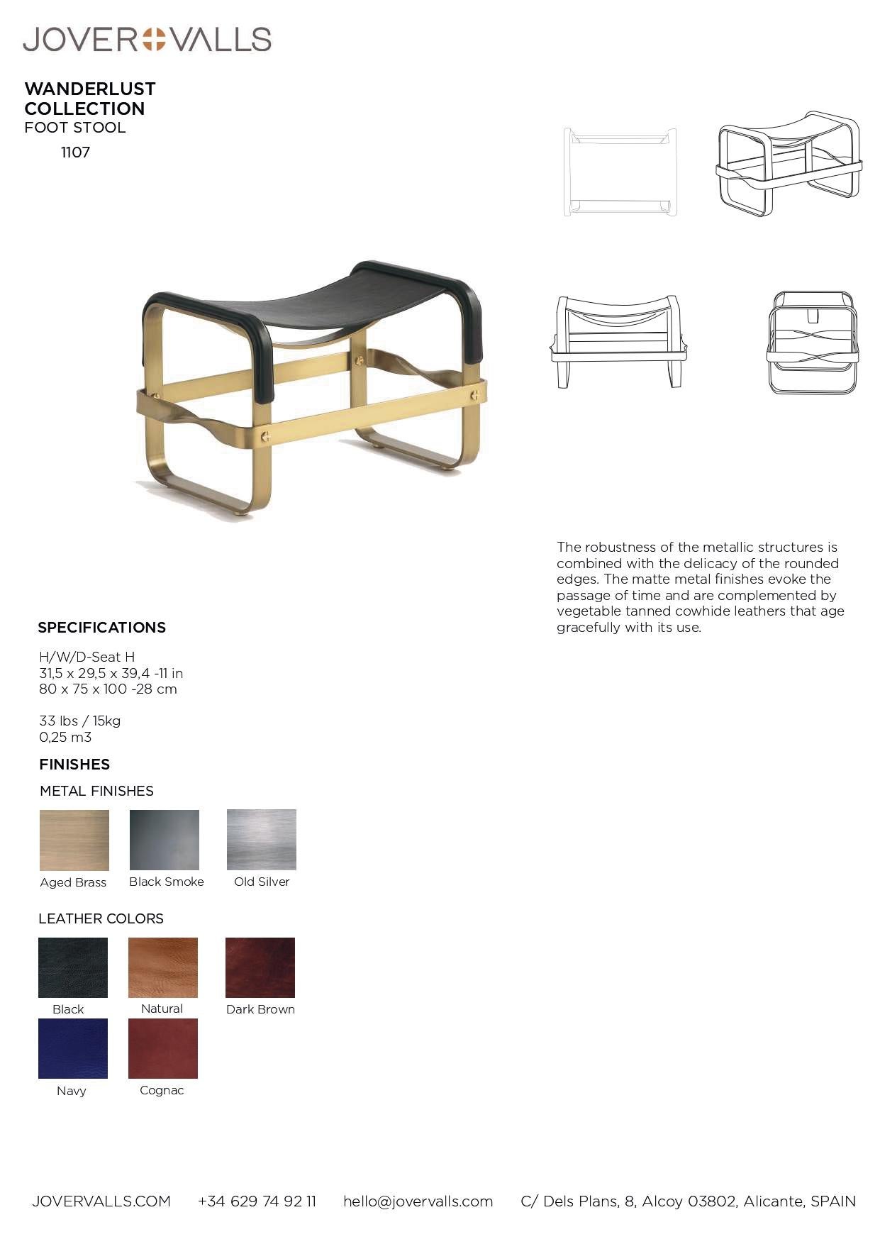 Vegetable Dyed Set of 2 Footstool Aged Brass Steel & Navy Blue Leather Contemporary Style For Sale
