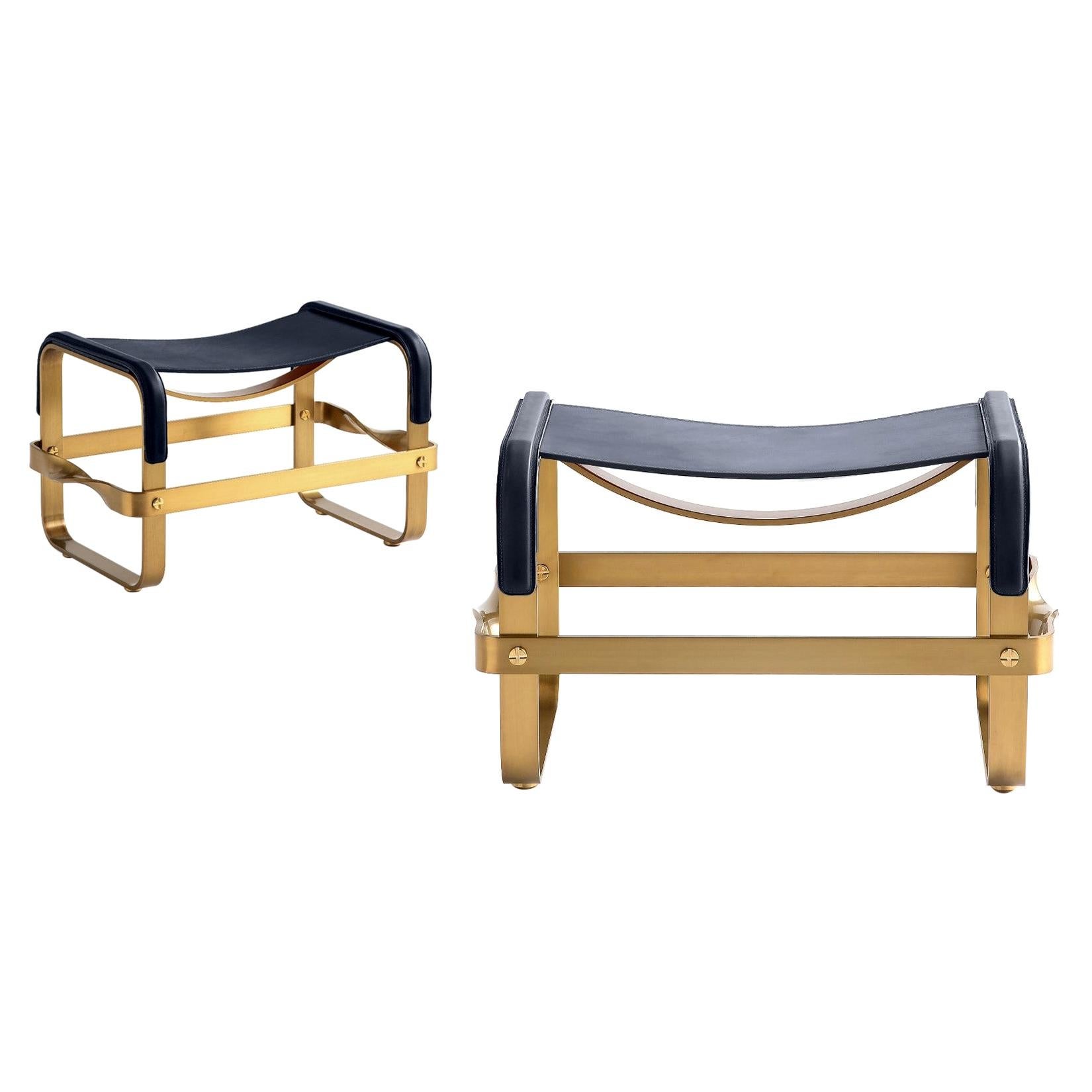 Set of 2 Footstool Aged Brass Steel & Navy Blue Leather Contemporary Style  For Sale