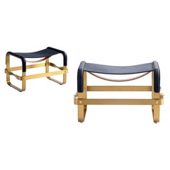 Set of 2 Footstool Aged Brass Steel & Navy Blue Leather Contemporary Style