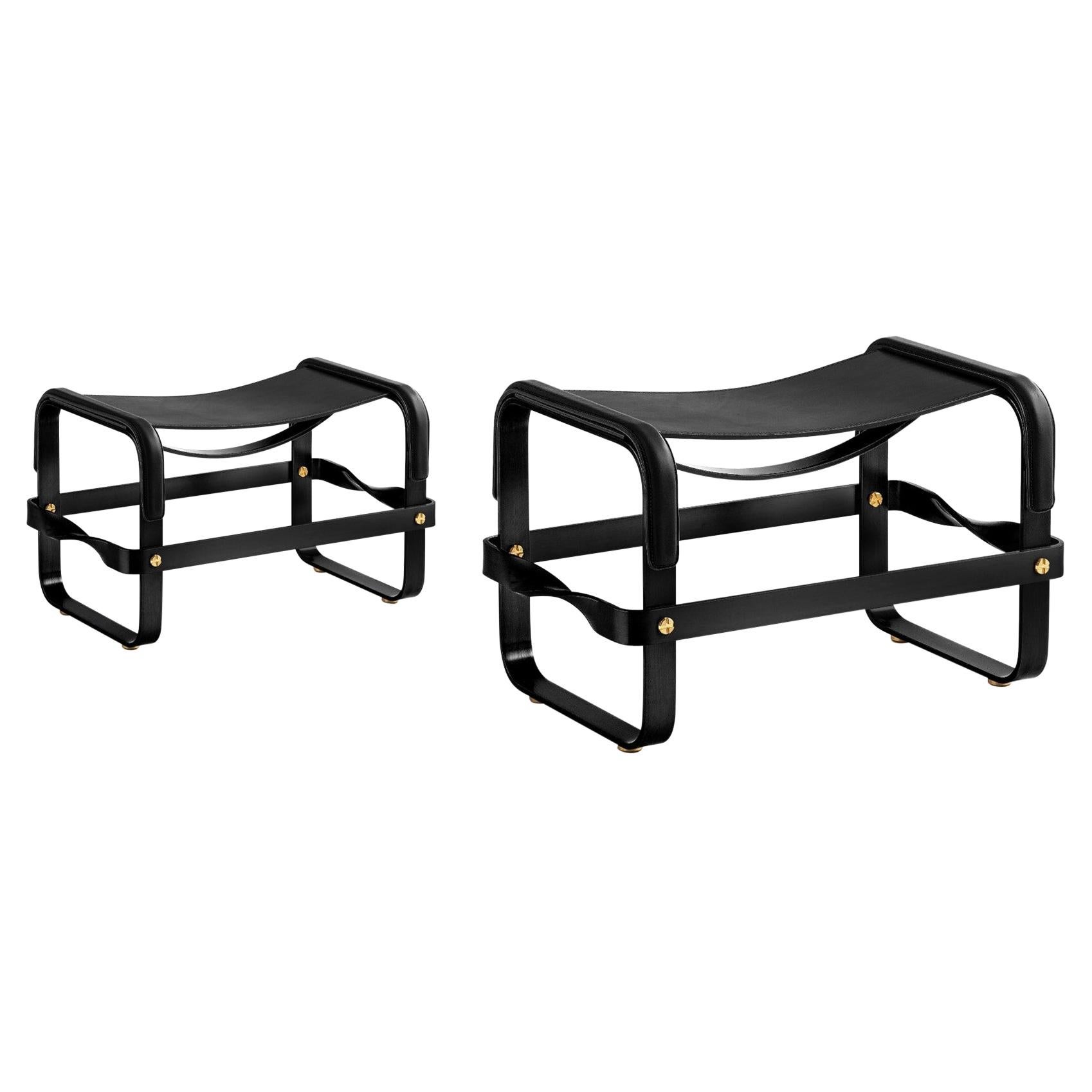 Set of 2 Footstool Black Smoke Steel & Black Leather, Modern Style, Wanderlust For Sale