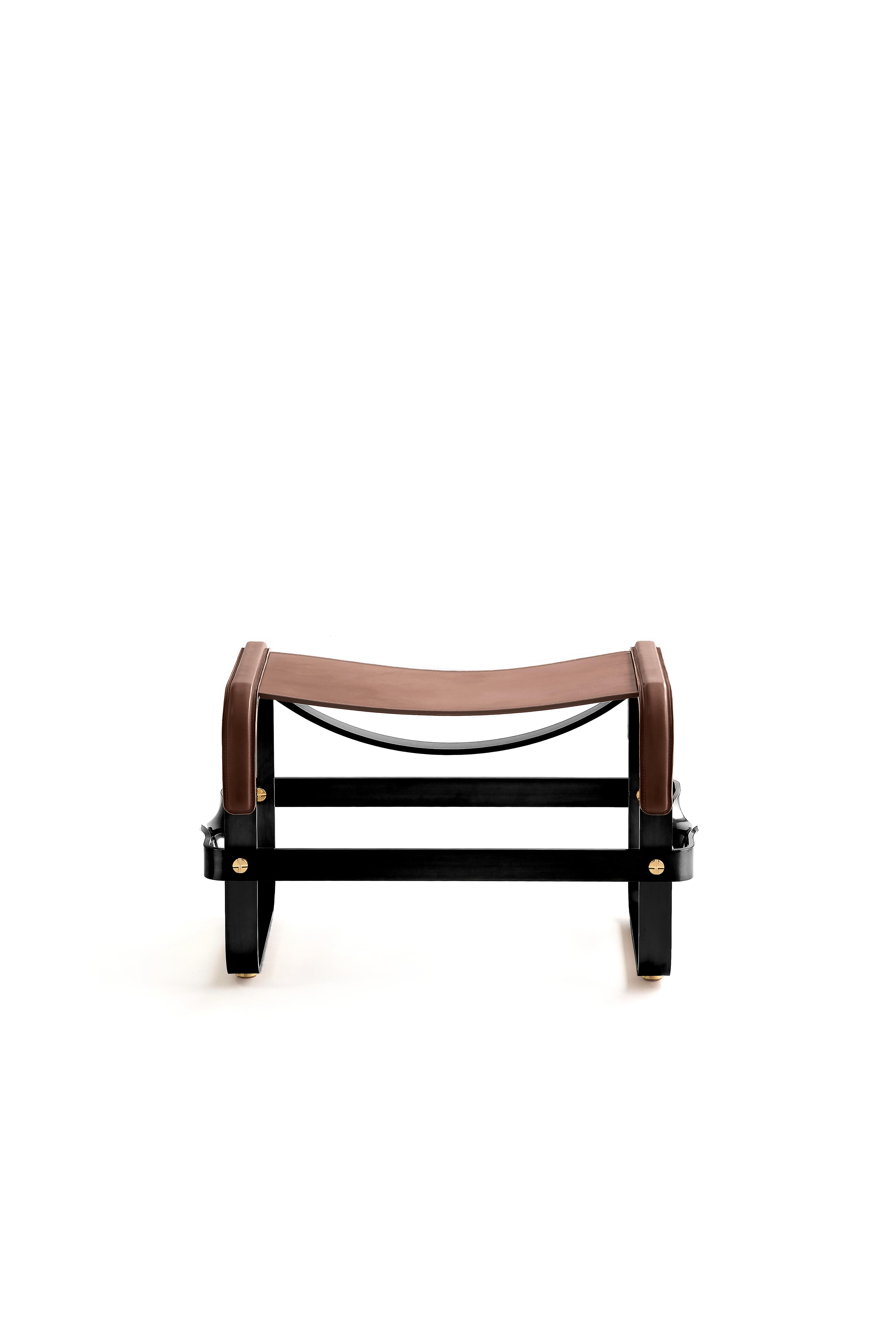 Polished Set of 2 Footstool Black Smoke Steel &Dark Brown Leather Modern Style Wanderlust For Sale