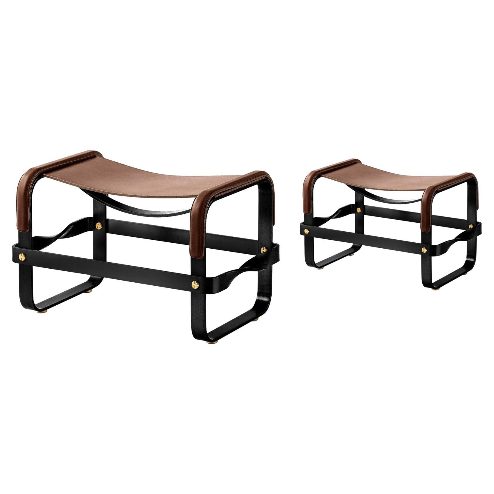 Set of 2 Footstool Black Smoke Steel &Dark Brown Leather Modern Style Wanderlust For Sale