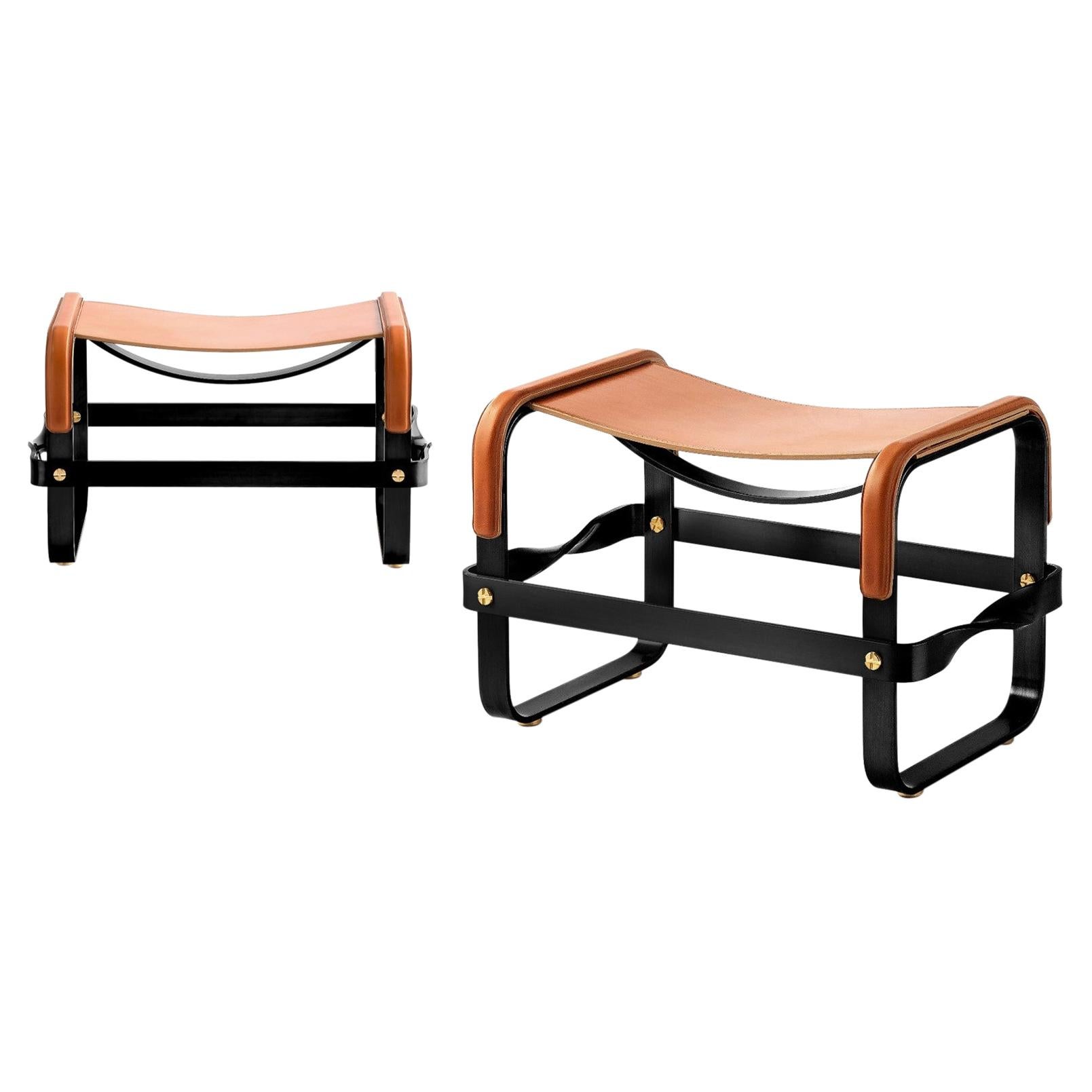 Set of 2 Footstool Black Smoke Steel & Natural Tobacco Leather, Modern Style For Sale