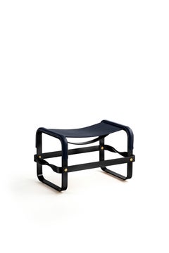Set of 2 Footstool Black Smoke Steel & Navy Blue Leather, Modern Style