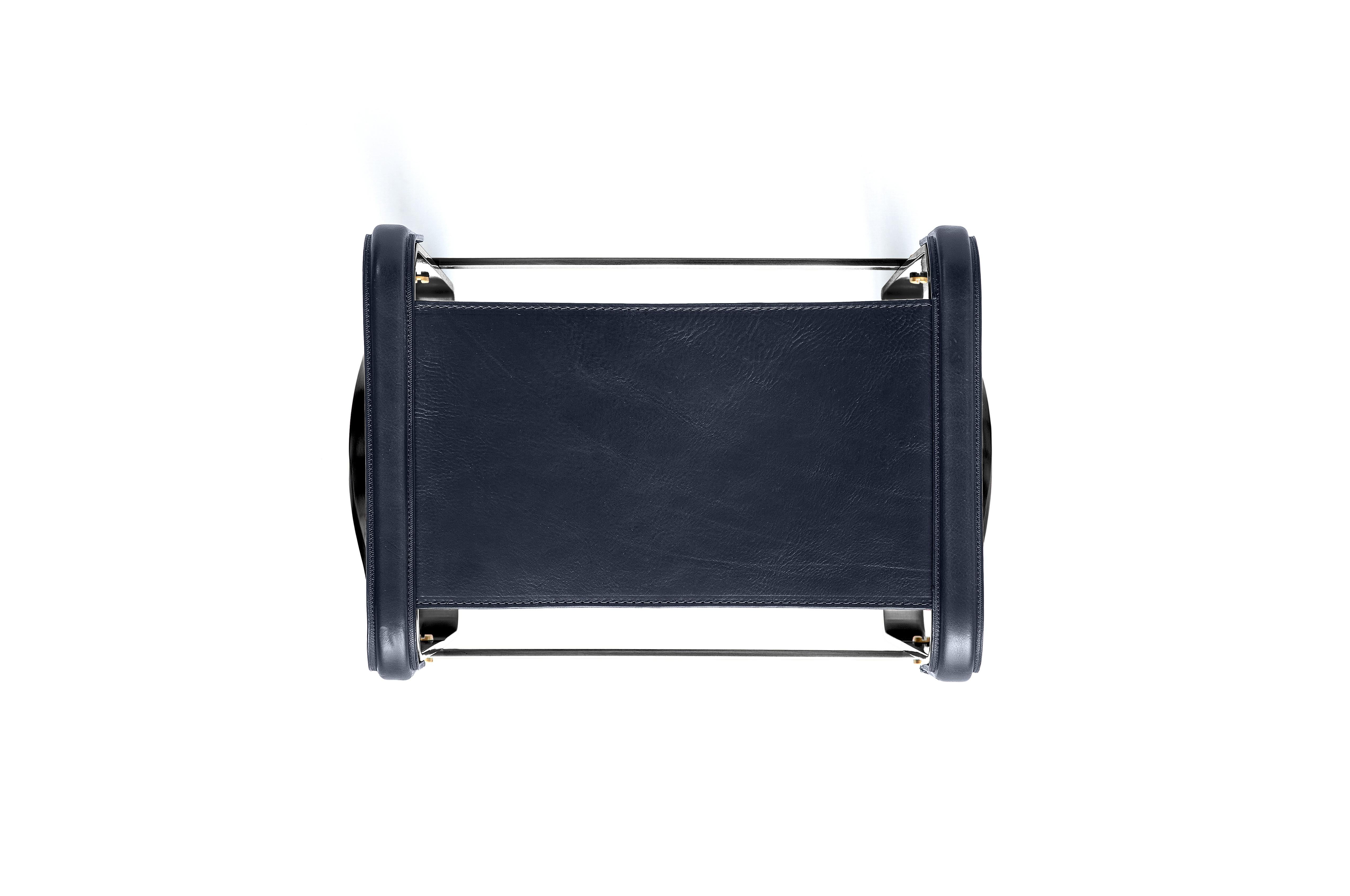 Spanish Set of 2 Footstool Black Smoke Steel & Navy Blue Leather, Modern Style For Sale
