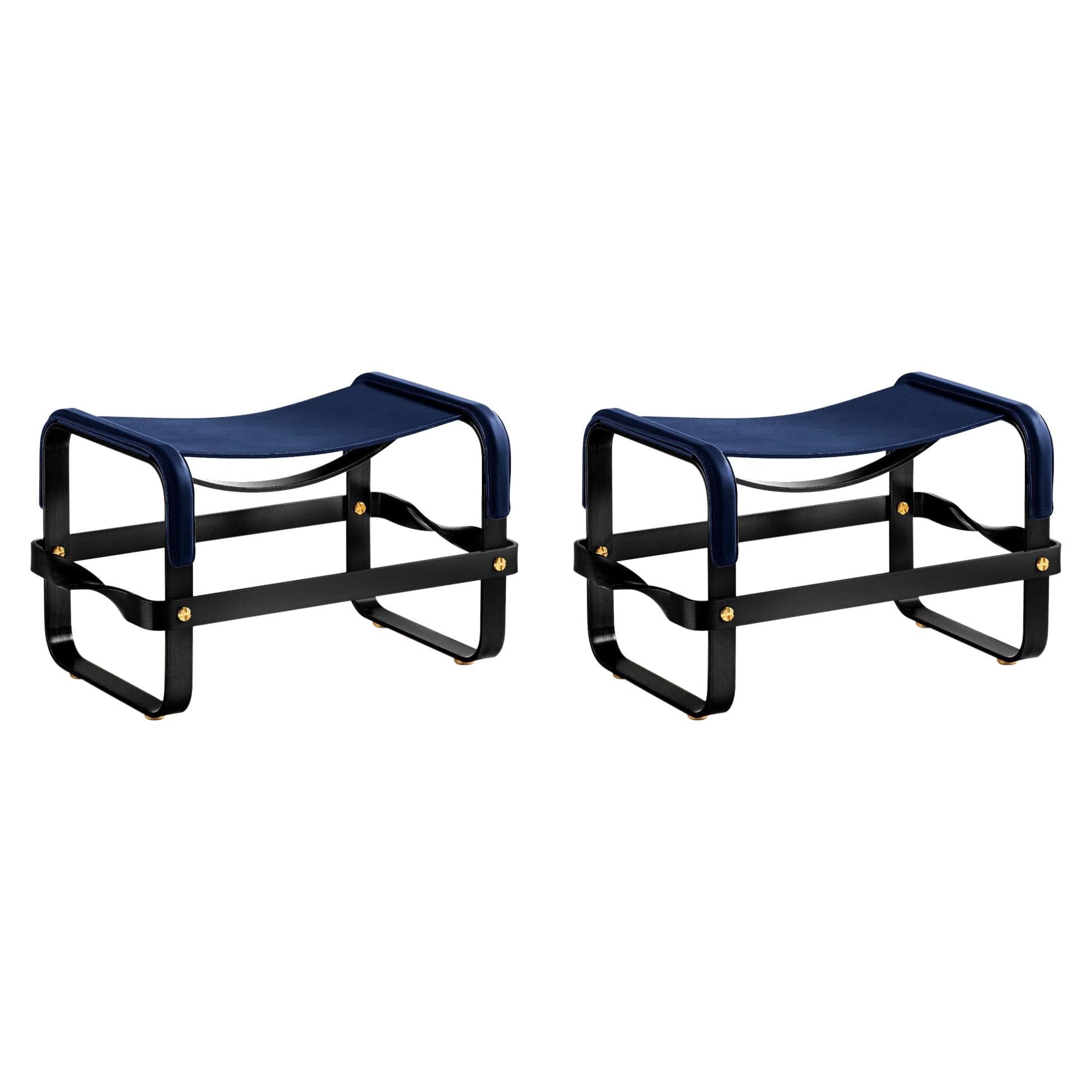 Set of 2 Footstool Black Smoke Steel & Navy Blue Leather, Modern Style For Sale