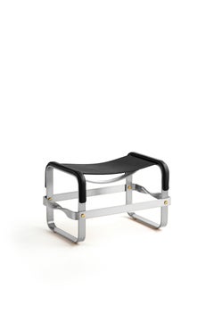 Set of 2 Footstool Old Silver Steel & Black Leather, Contemporary Style