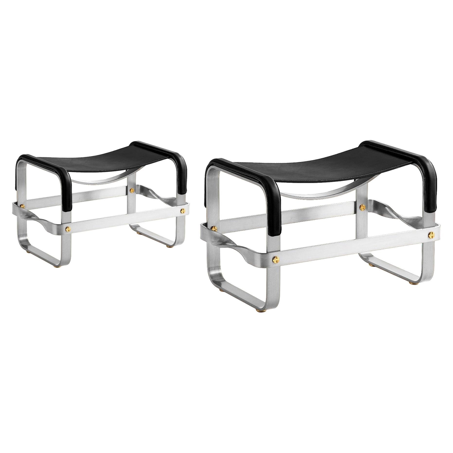 Set of 2 Footstool Old Silver Steel & Black Leather, Contemporary Style