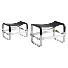 Antique Set of 2 Footstool Old Silver Steel & Black Leather, Contemporary Style