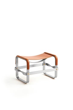 Set of 2 Footstool Old Silver Steel & Natural Tobacco Leather Contemporary Style