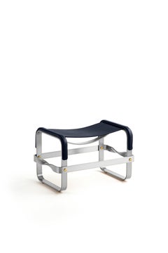Set of 2 Footstool Old Silver Steel & Navy Blue Leather Contemporary Style
