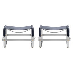 Set of 2 Footstool Old Silver Steel & Navy Blue Leather Contemporary Style