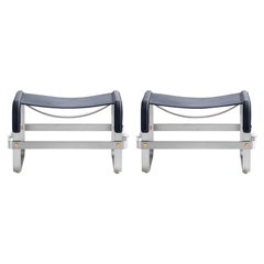 2er Set Fußhocker Old Silver Steel & Navy Blue Leather Contemporary Style