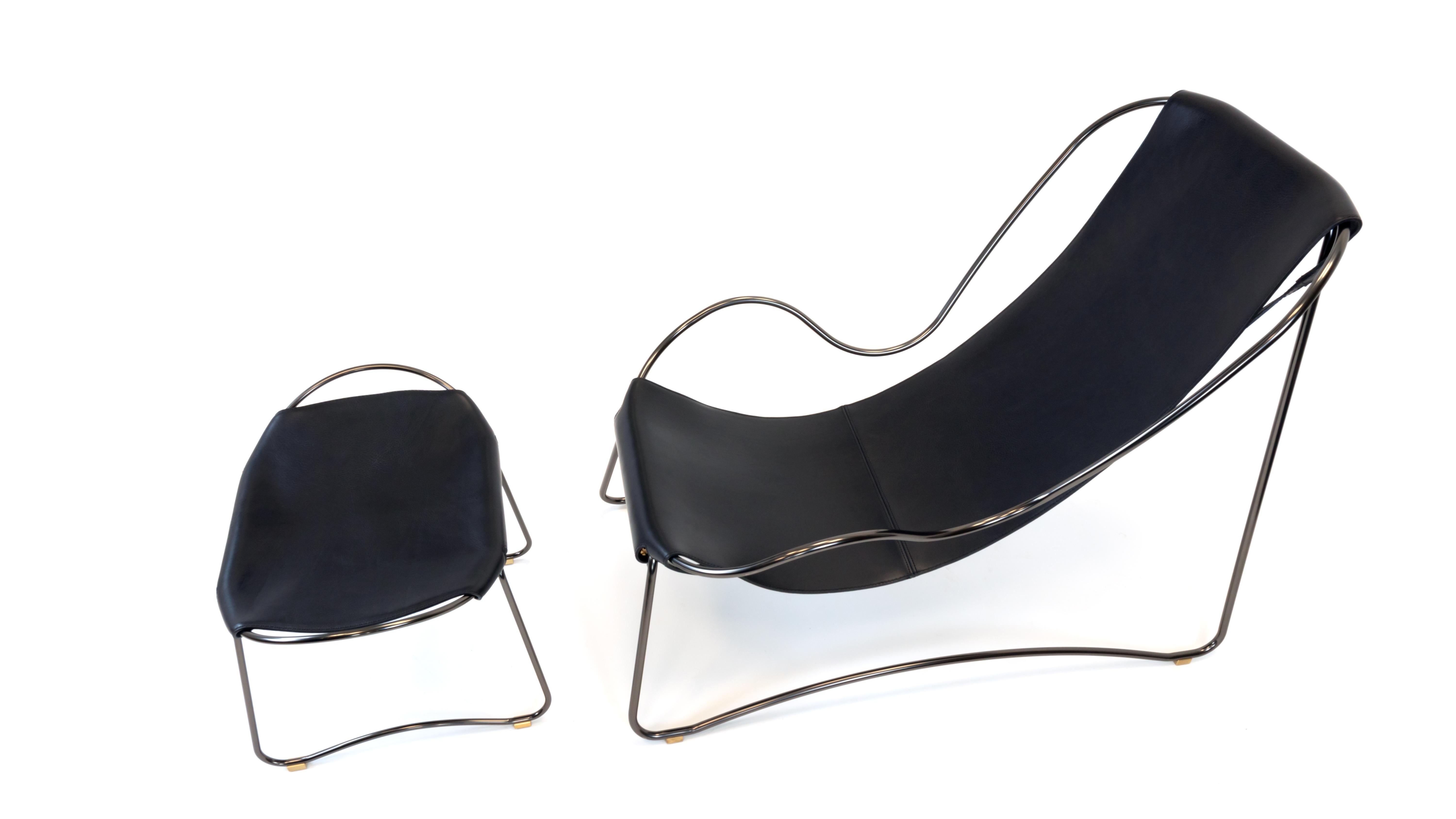 Set of 2 Footstool Silver Steel & Black Saddle Leather Organic Style Auction For Sale 7