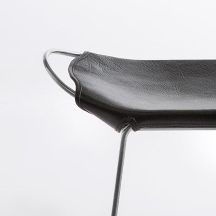 Modern Set of 2 Footstool Silver Steel & Black Saddle Leather Organic Style Auction For Sale