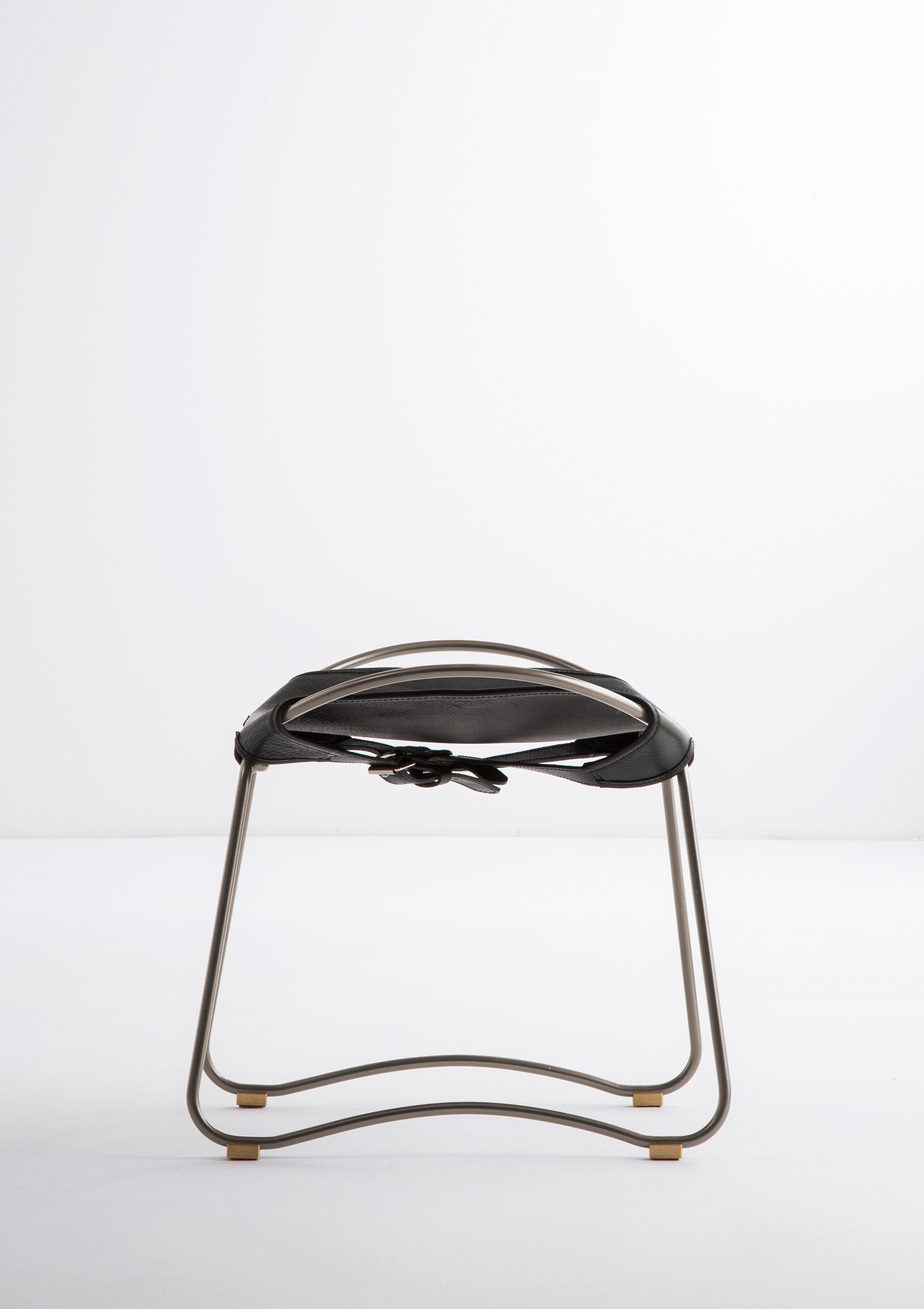 Polished Set of 2 Footstool Silver Steel & Black Saddle Leather Organic Style Auction For Sale