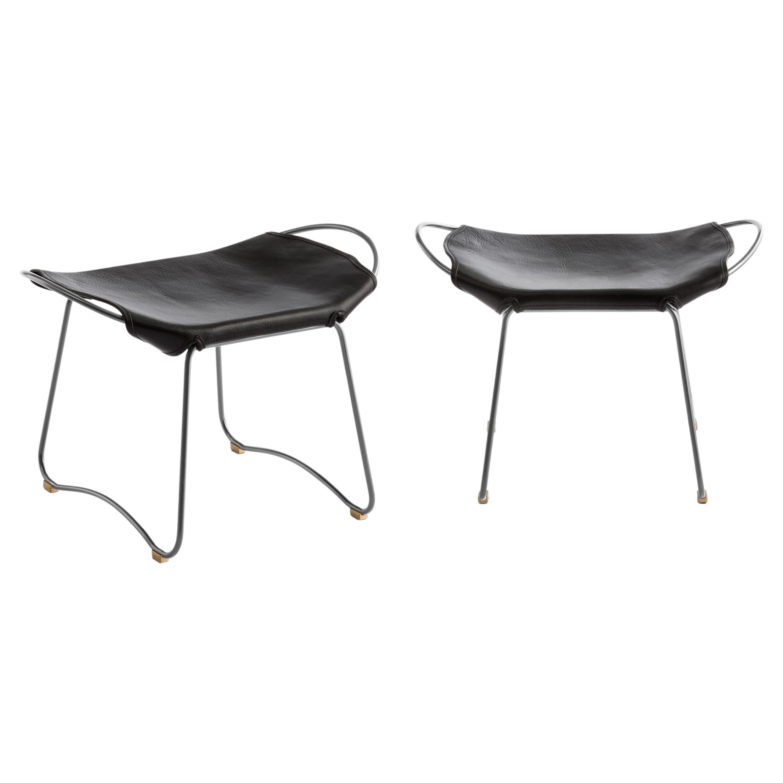 Set of 2 Footstool Silver Steel & Black Saddle Leather Organic Style Auction For Sale