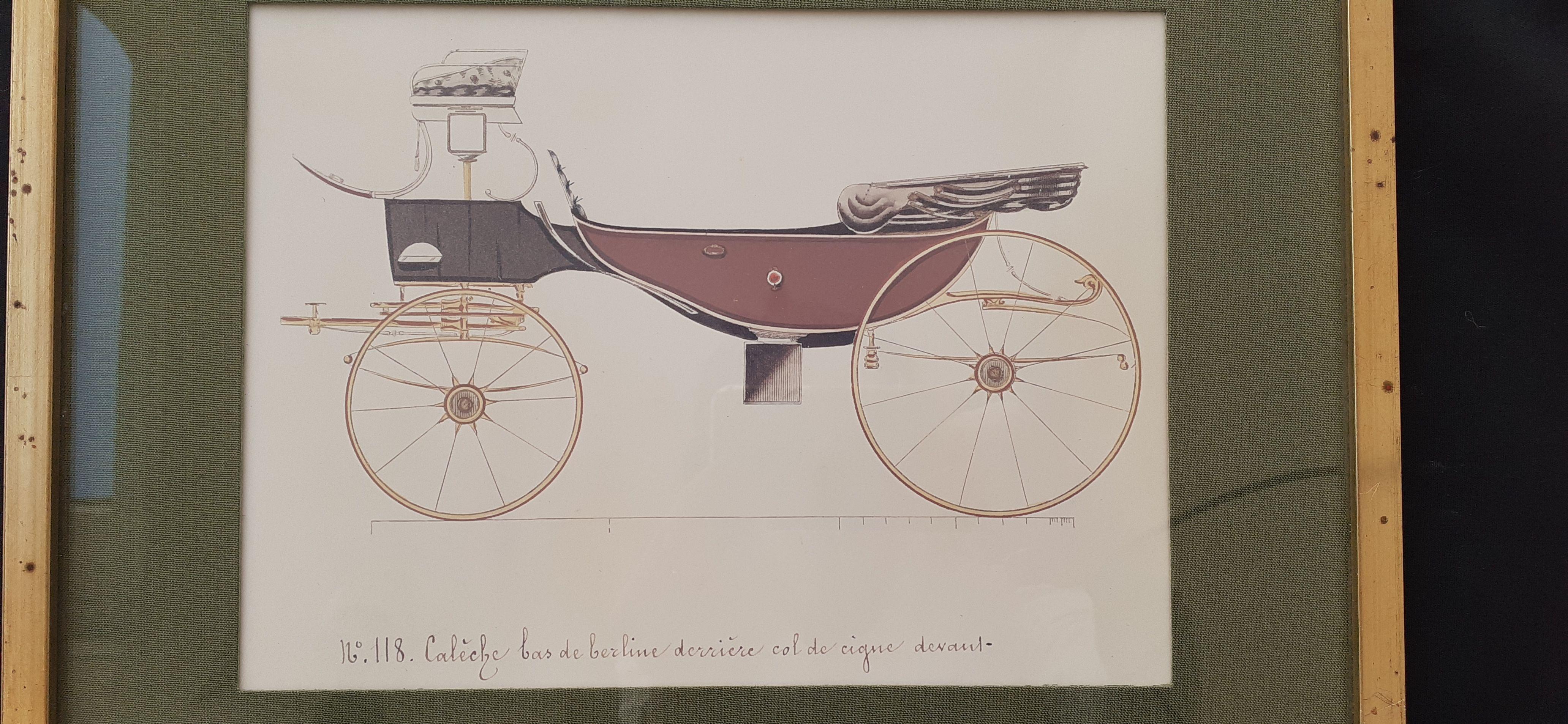 Gray Set of 2 Framed Carriages Engravings from the Hermès Collection RARE For Sale