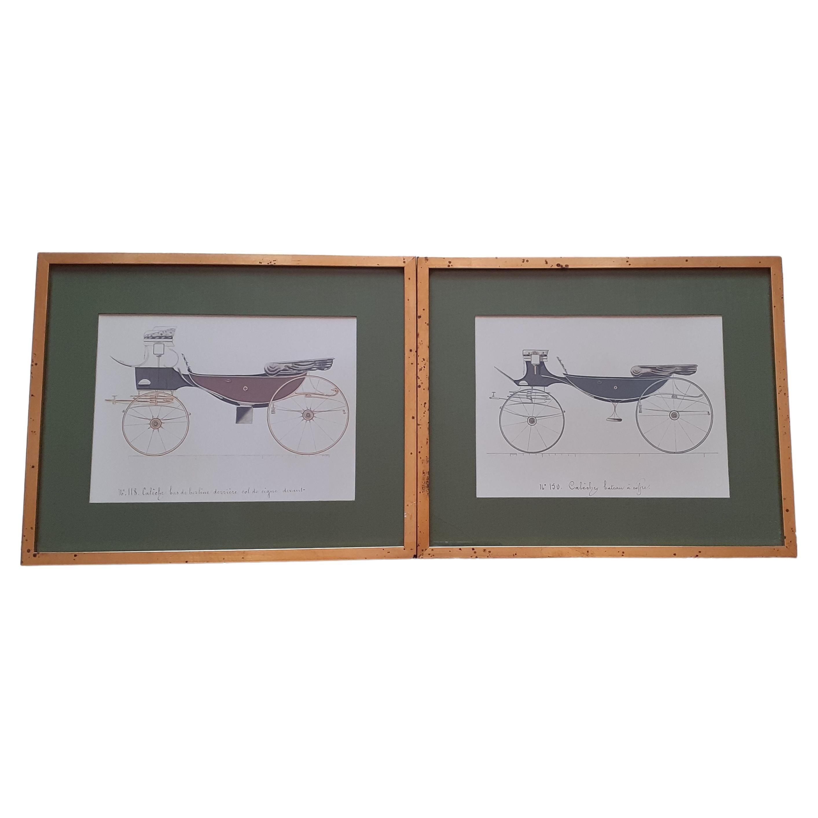 Set of 2 Framed Carriages Engravings from the Hermès Collection RARE