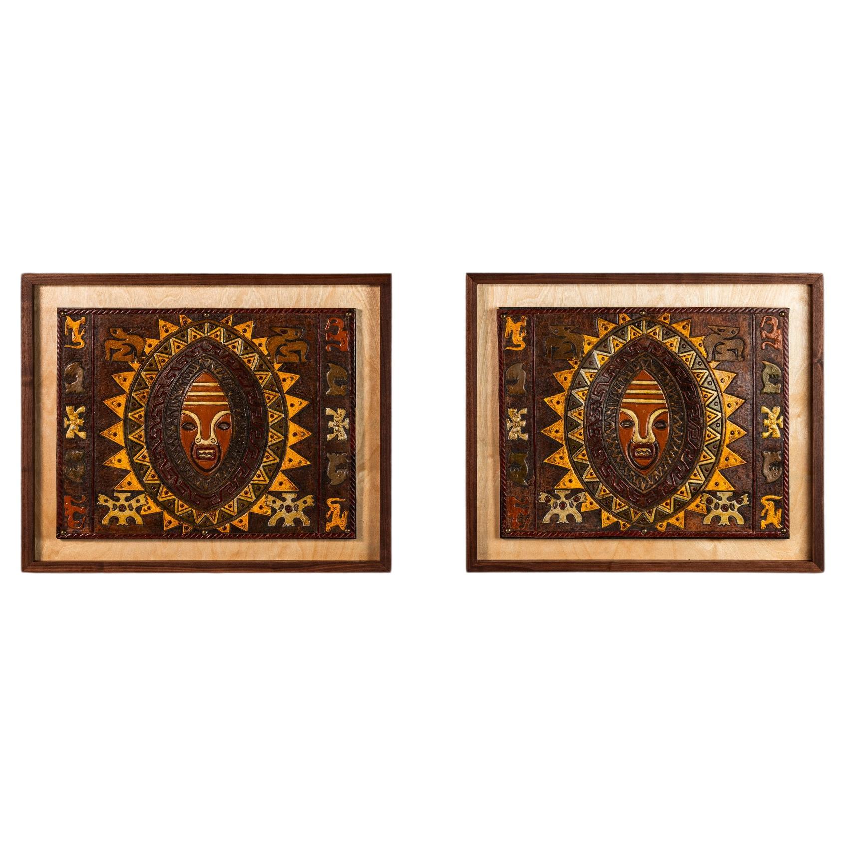 Set of 2 Framed Leather Pre-Columbian Art by Angel Pazmino, Ecuador, c. 1960s