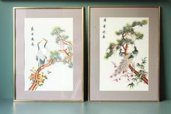 Set of 2 Framed Mid Century Asian Embroidered Textiles with Peacock and Heron