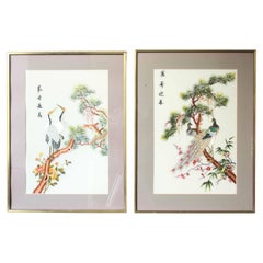 Set of 2 Framed Mid Century Asian Embroidered Textiles with Peacock and Heron