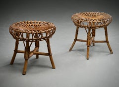 Set of 2 Franco Albini Rattan and Bamboo Round Ottoman Stools, Italy 1960s