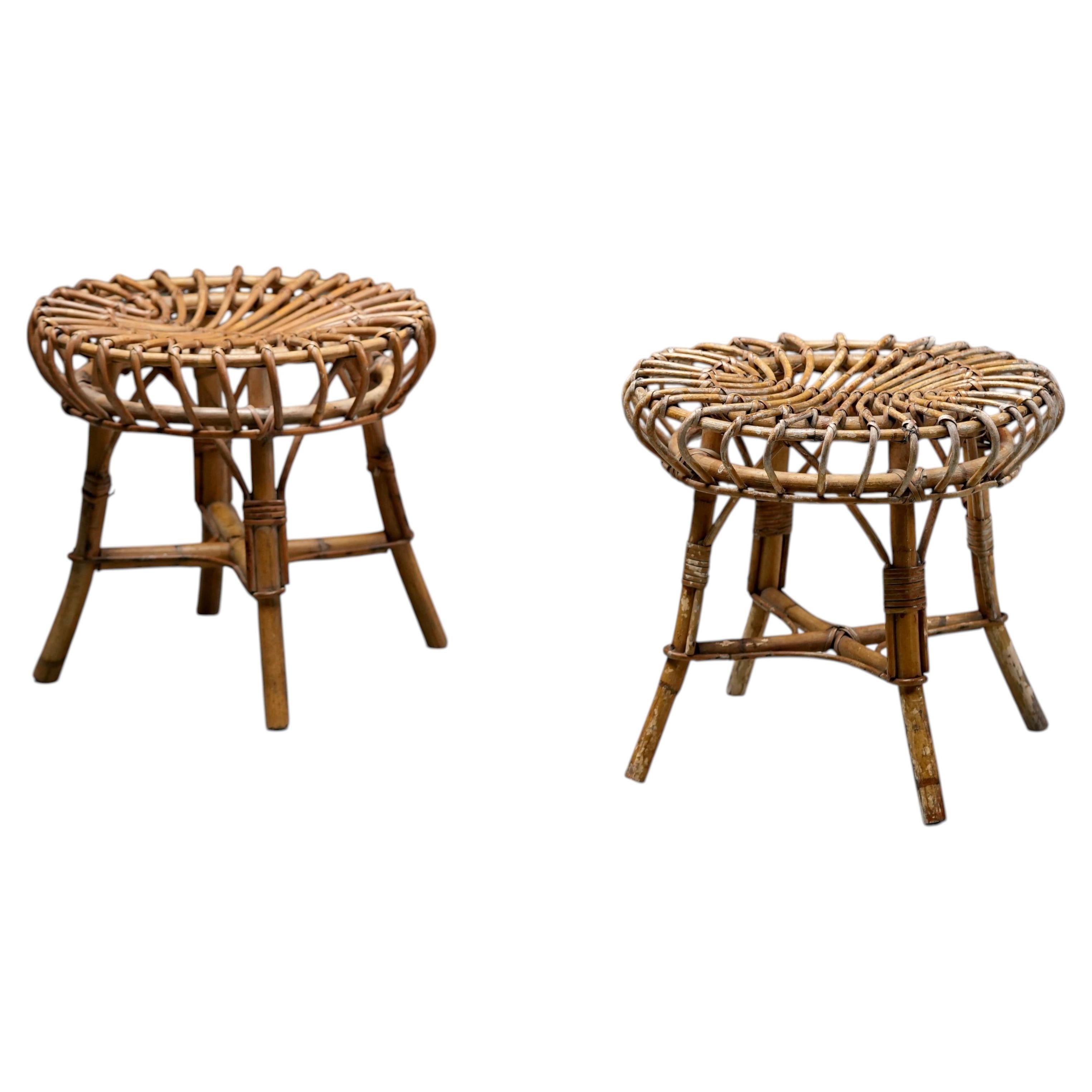 Set of 2 Franco Albini Rattan and Bamboo Round Ottoman Stools, Italy 1960s