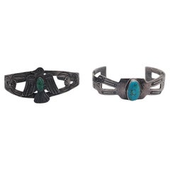 Set of 2 Fred Harvey Era Sterling Silver Turquoise Cuff Bracelets #16438