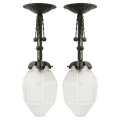 Set of 2 French 1920s Art Deco Brass Frosted Cut Glass Ceiling Lamps
