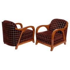 Set of 2 French 1930's Art Deco Club Chairs in Nutwood with Checkered Upholstery