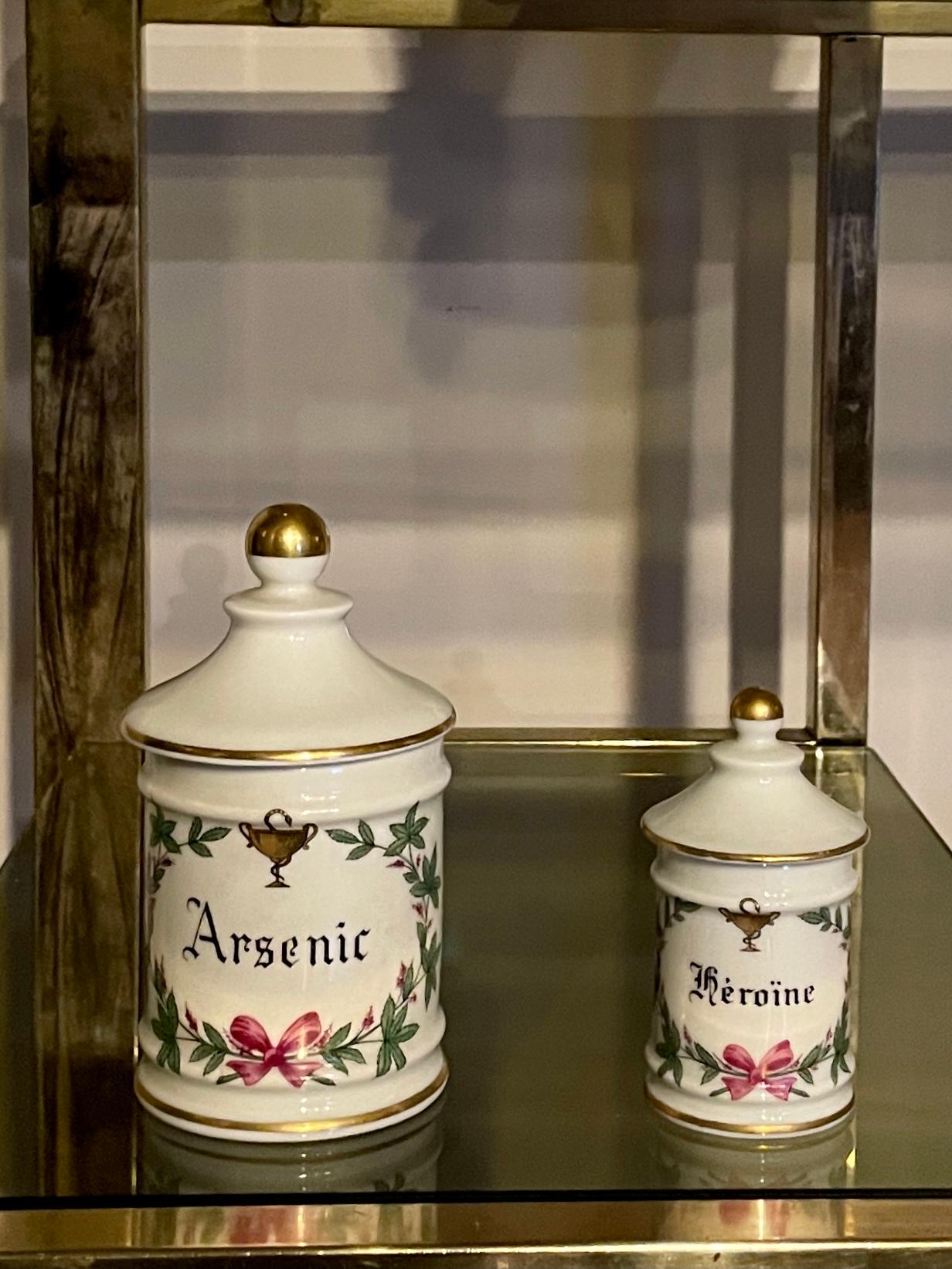 19th Century Set of 2 French Apothecary Jar Arsenic and Heroin 19th Porcelain Limoges Drug