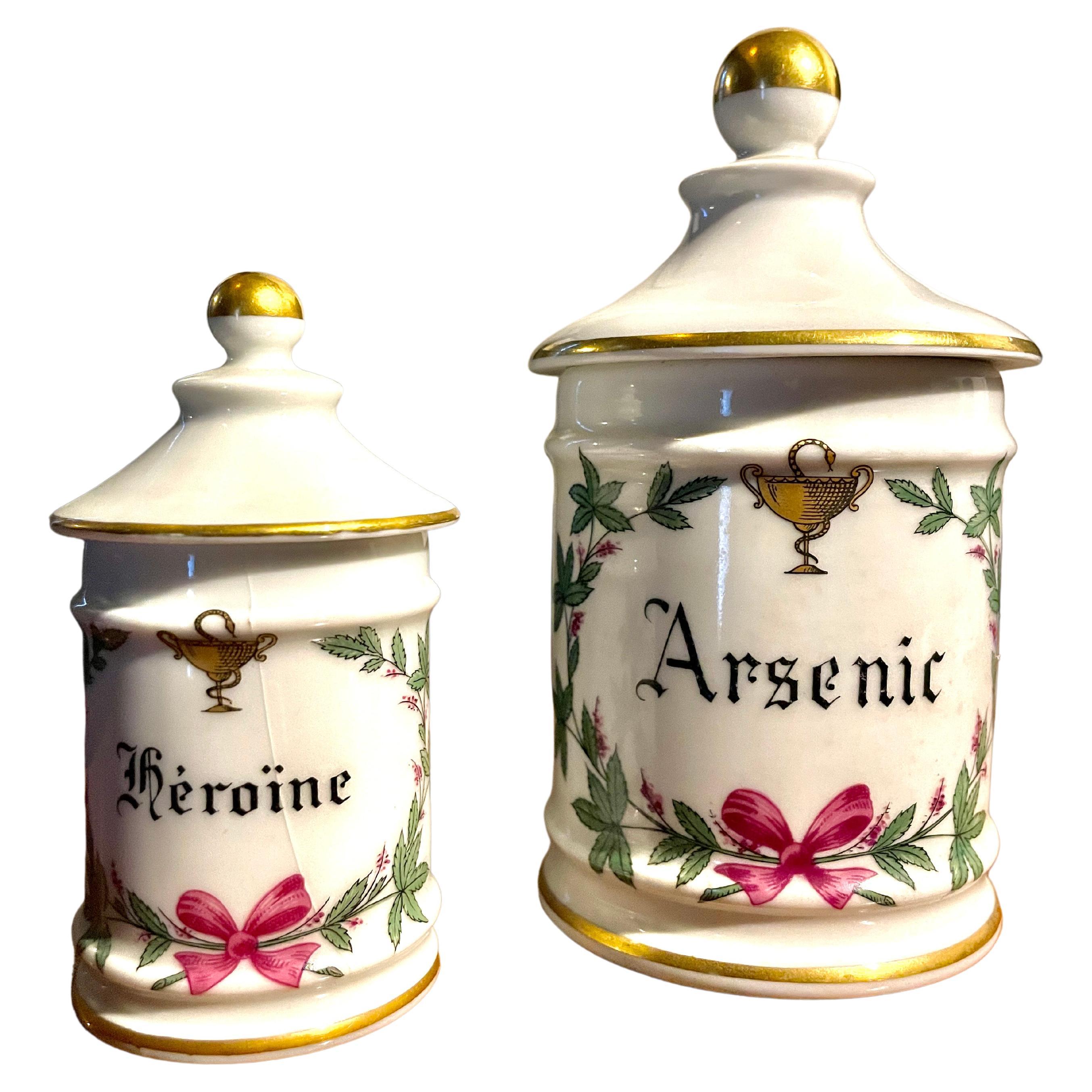 Set of 2 French Apothecary Jar Arsenic and Heroin 19th Porcelain Limoges Drug